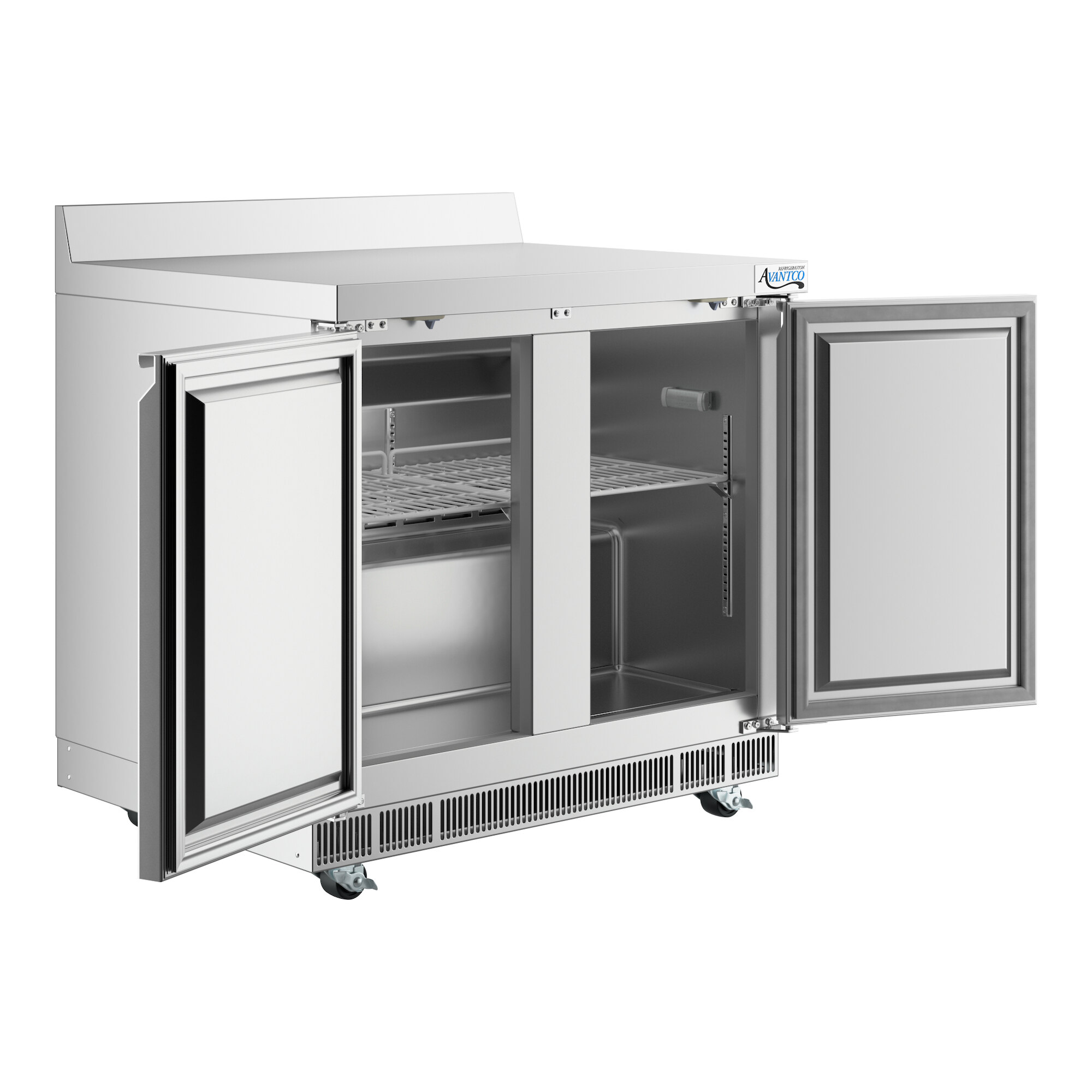 A stainless steel worktop freezer with two open doors, a wire shelf, and a 3 1/2 inch backsplash.