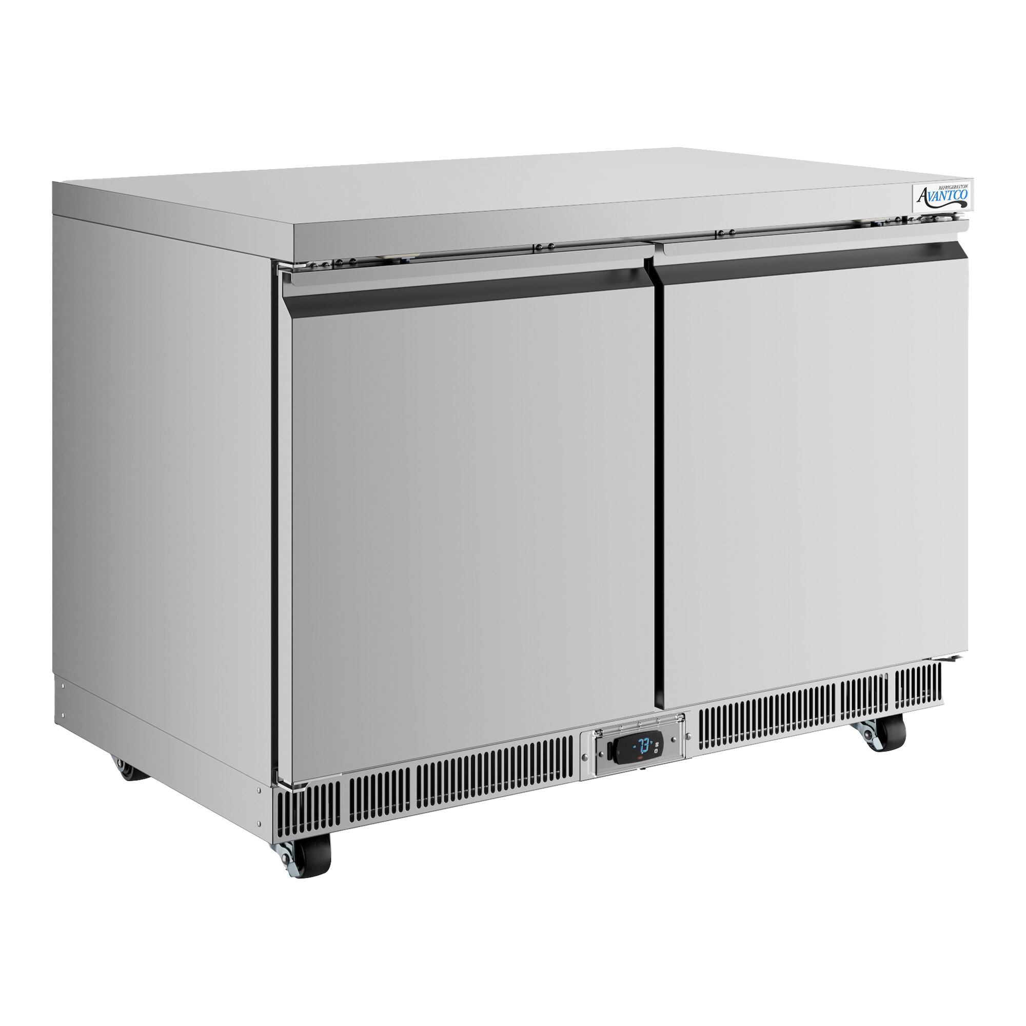 A stainless steel undercounter freezer with two doors and front ventilation.