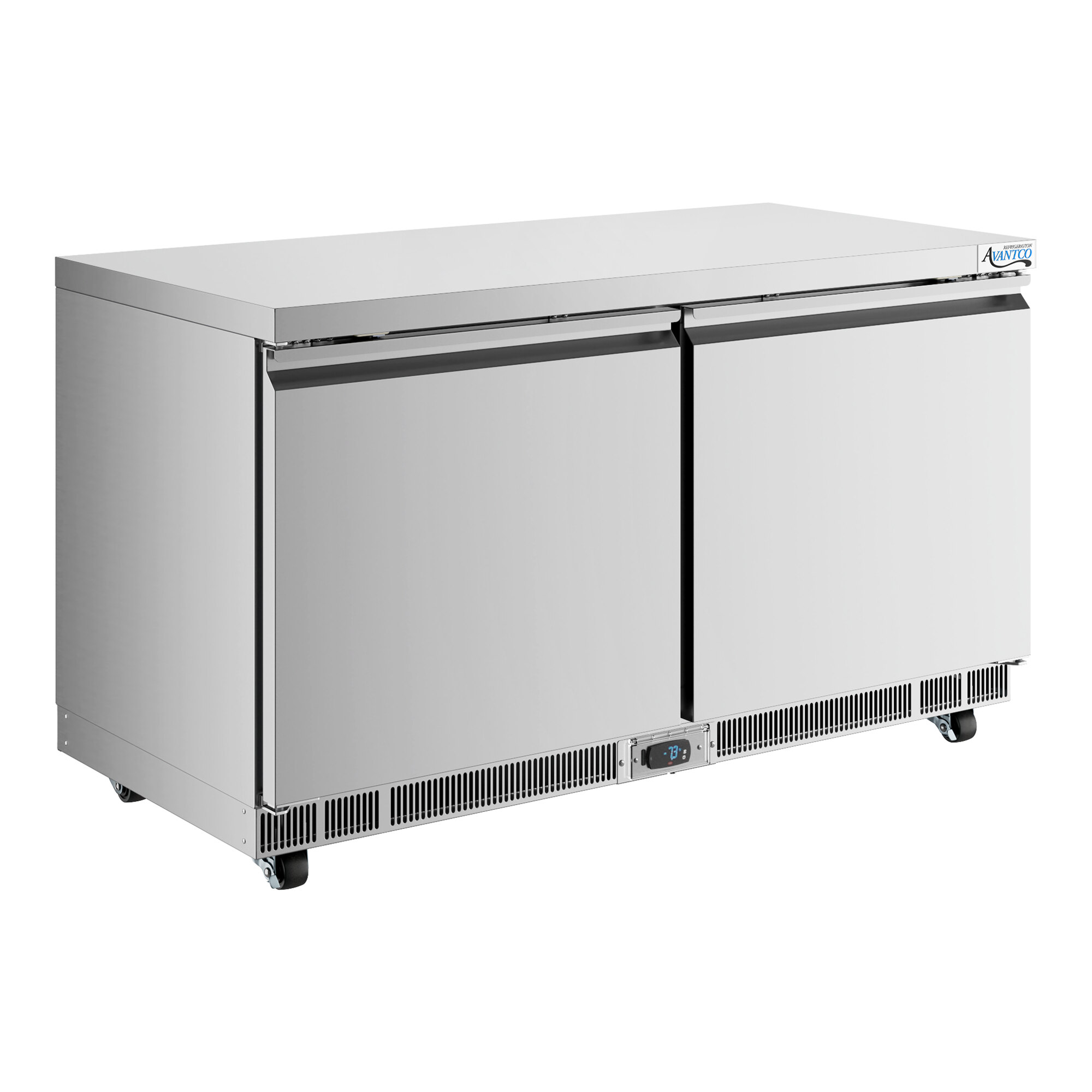 A stainless steel, two-door undercounter freezer with a front-breathing design and digital control panel.