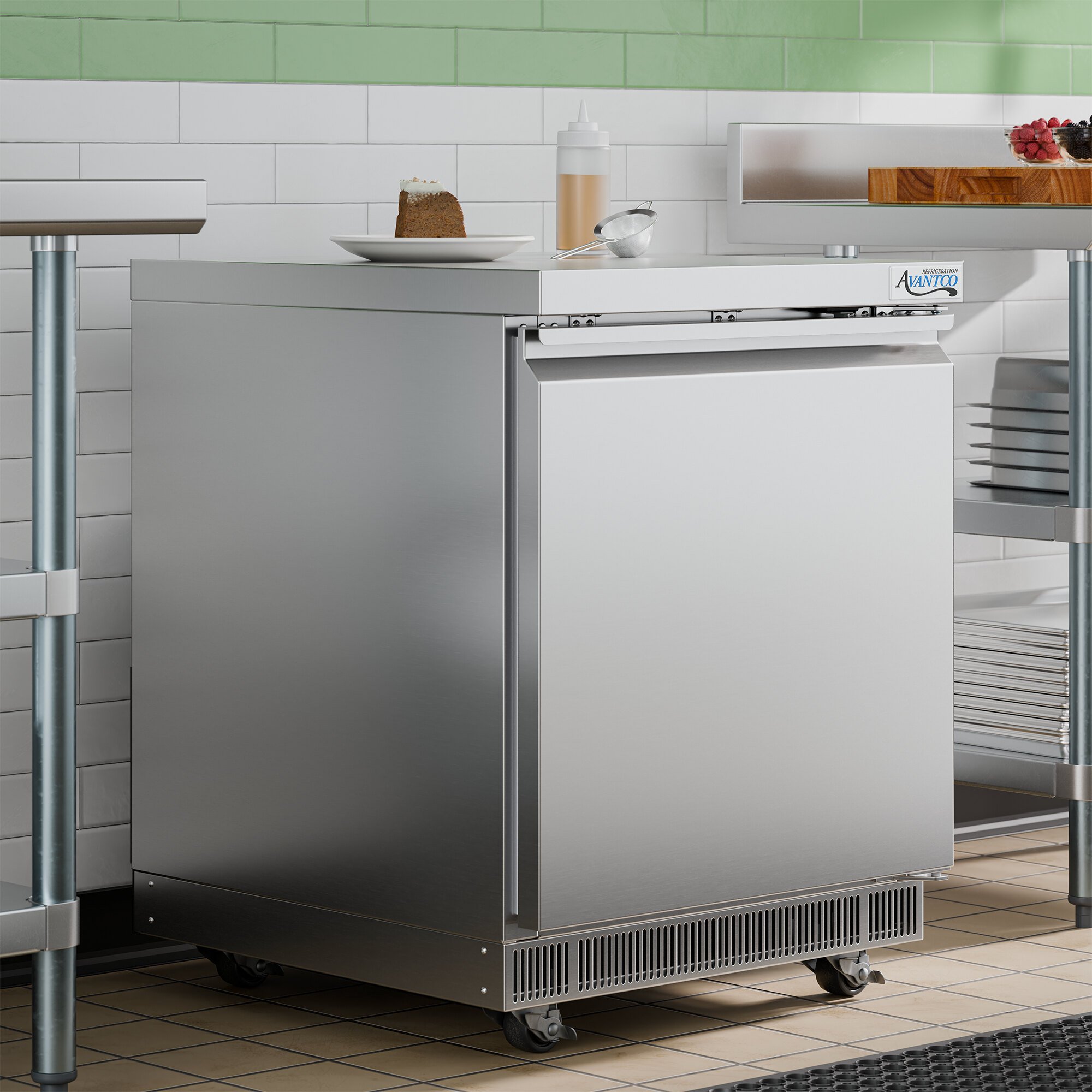 A stainless steel undercounter refrigerator with a single door and front ventilation, designed for commercial kitchens.