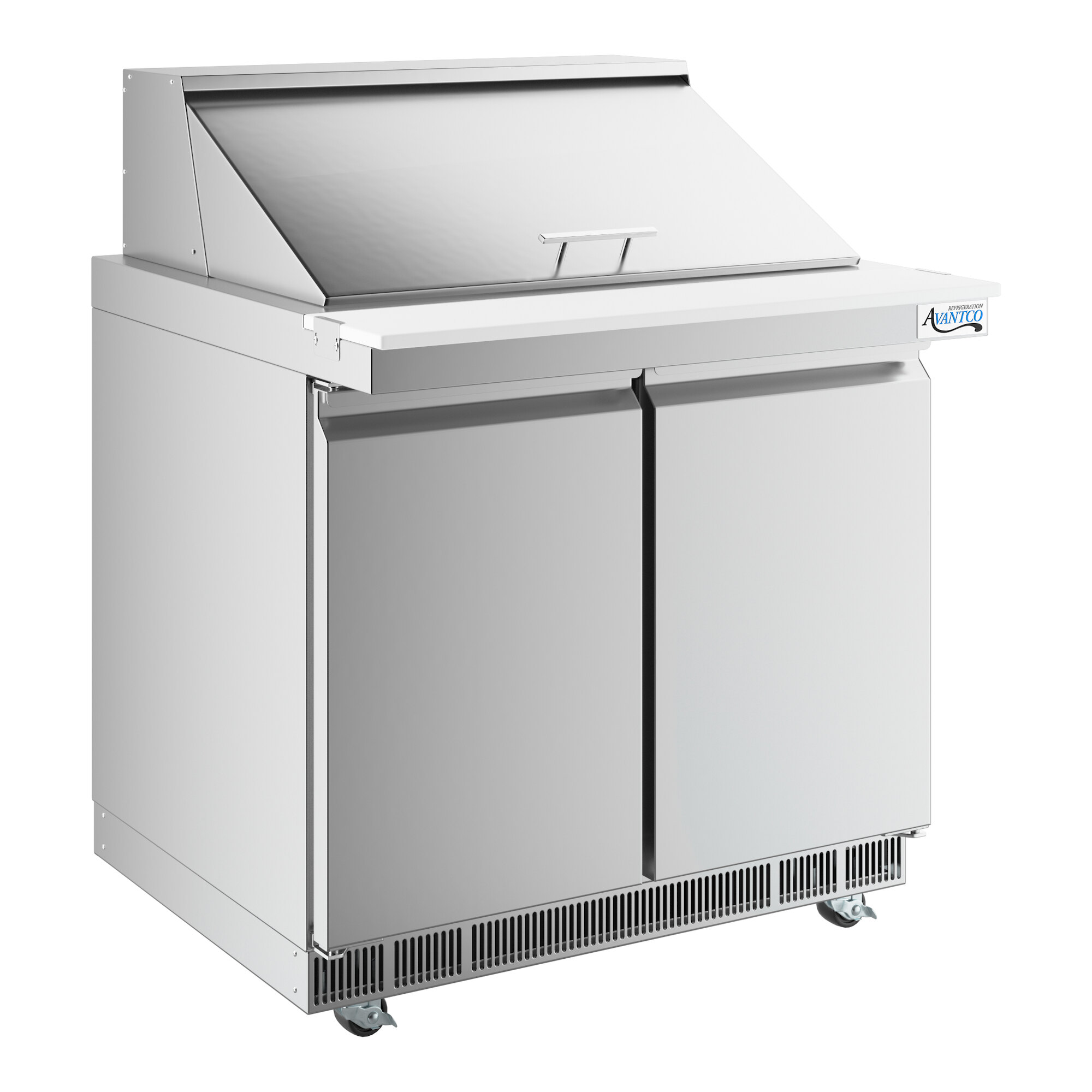 A stainless steel, two-door, front-breathing refrigerated sandwich prep table with a raised mega top and a WiFi-enabled control panel.