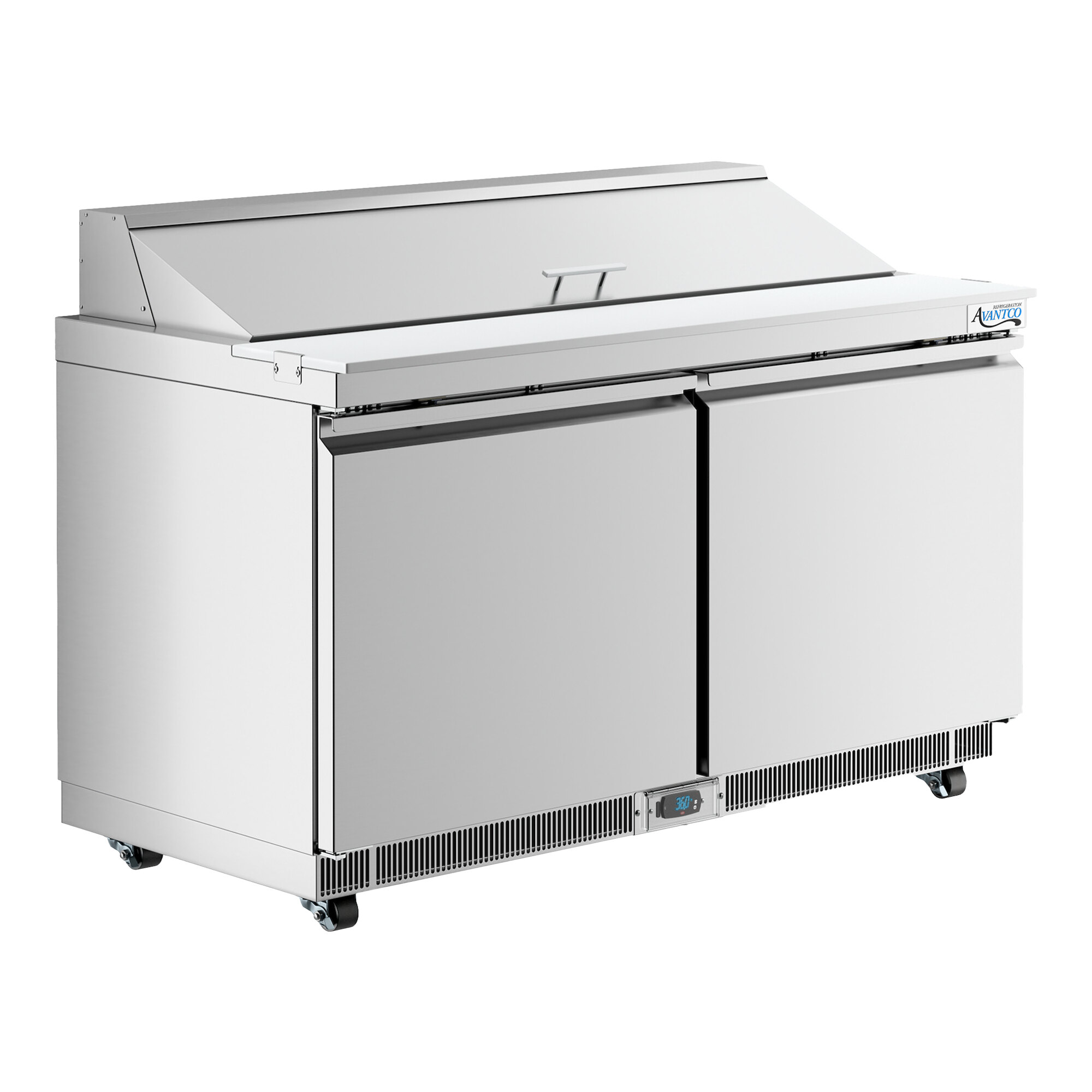 A stainless steel two-door refrigerated sandwich prep table with a cutting top and front breathing design.