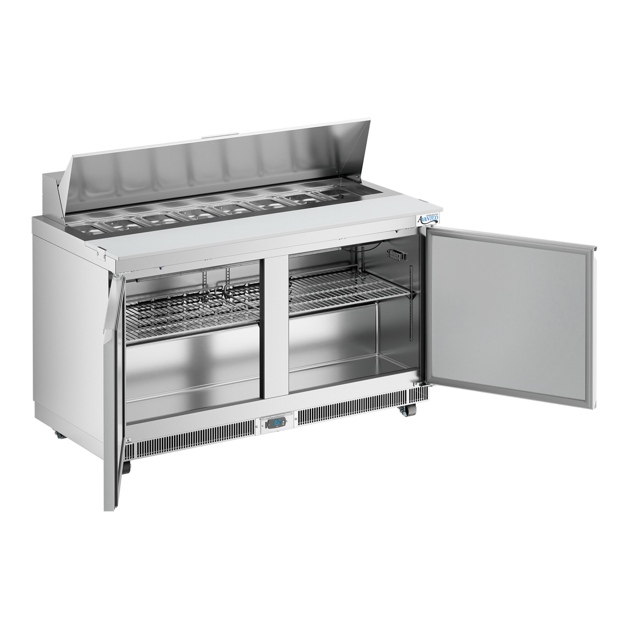 A stainless steel 60-inch two-door refrigerated sandwich prep table with a cutting top and open storage compartments.