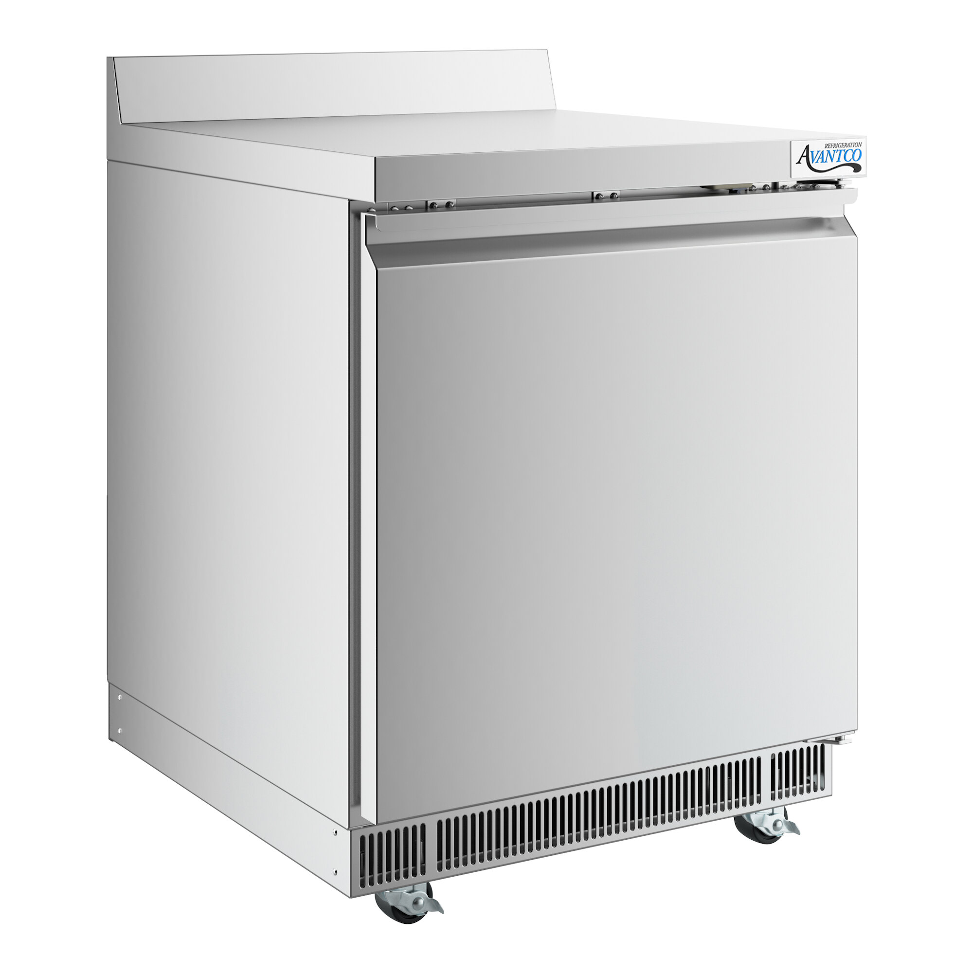 A stainless steel worktop refrigerator with a single door, 3 1/2 inch backsplash, and front ventilation, designed for commercial use.