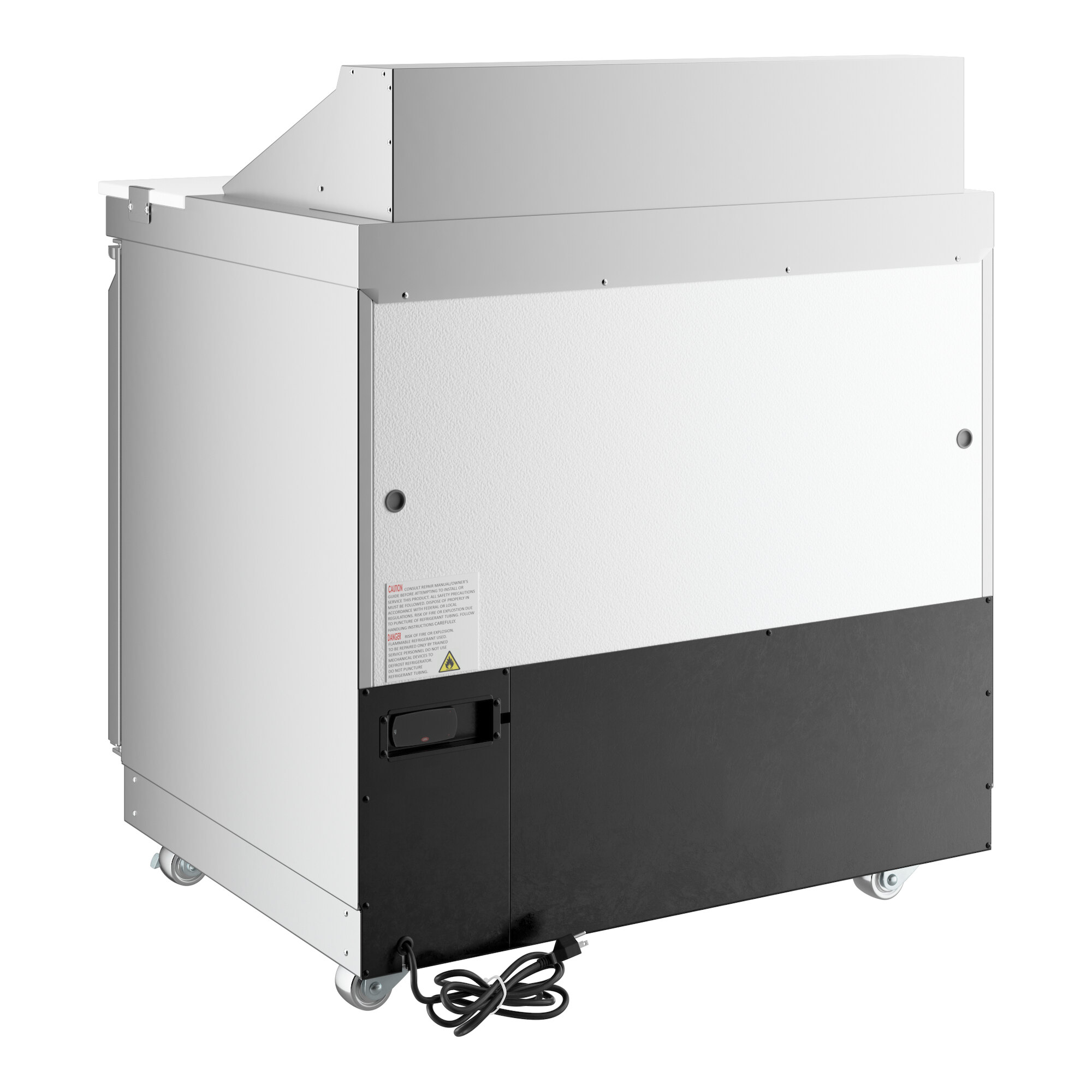 A commercial refrigerated sandwich prep table with a cutting top, two doors, and front-breathing design on casters.