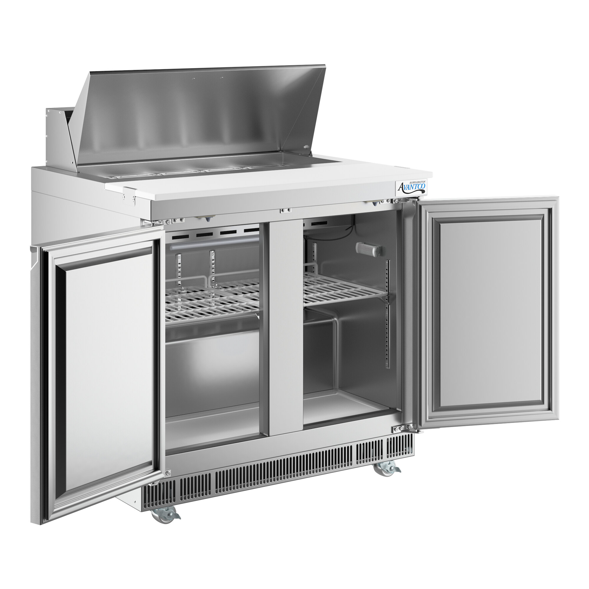 A stainless steel, two-door refrigerated sandwich prep table with a cutting top and WiFi-enabled controls.