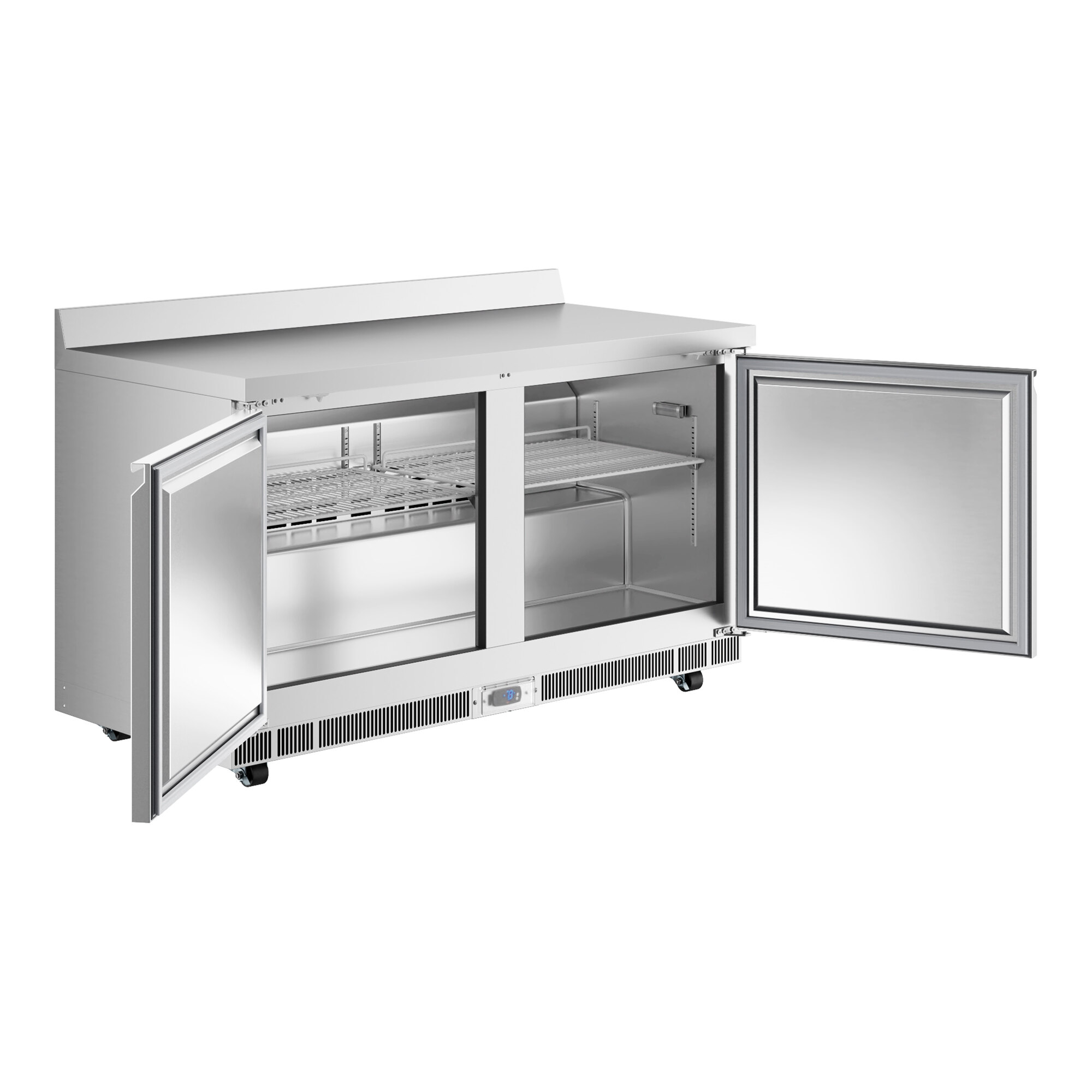 An Avantco stainless steel worktop freezer with two doors open.