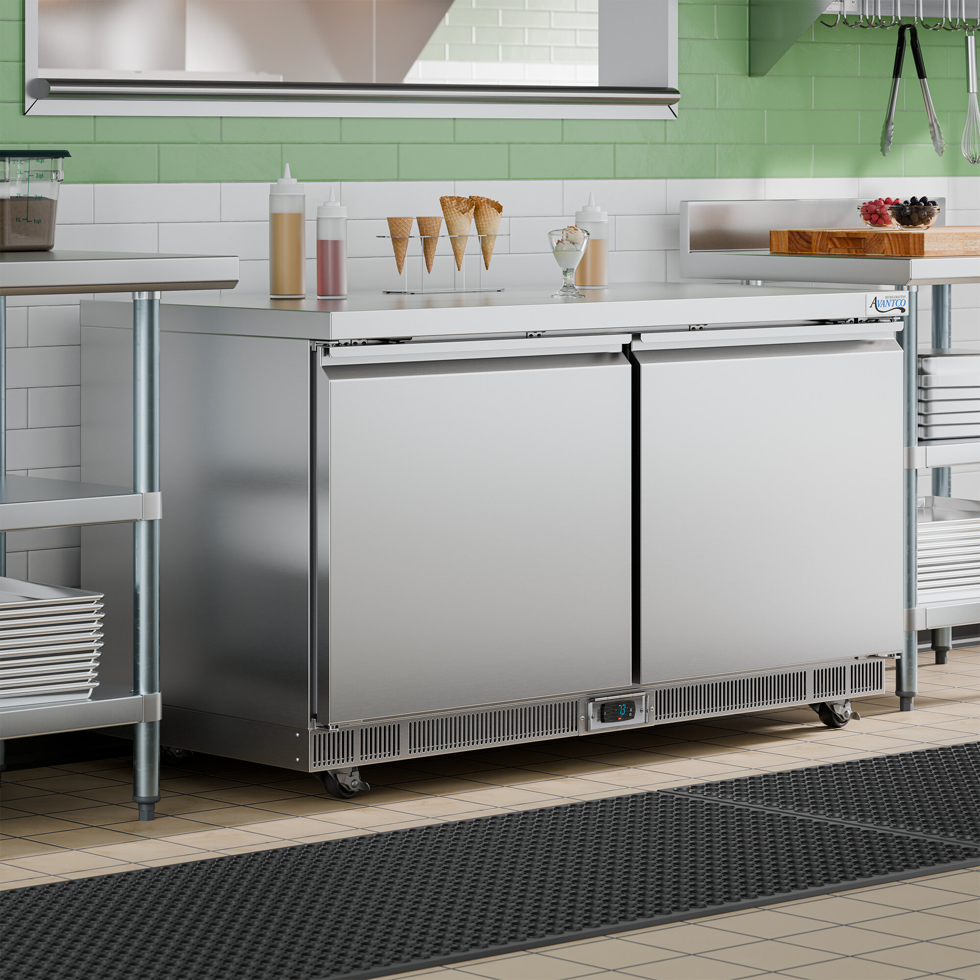 A stainless steel 60-inch front breathing undercounter freezer with two doors, designed for commercial kitchen use.