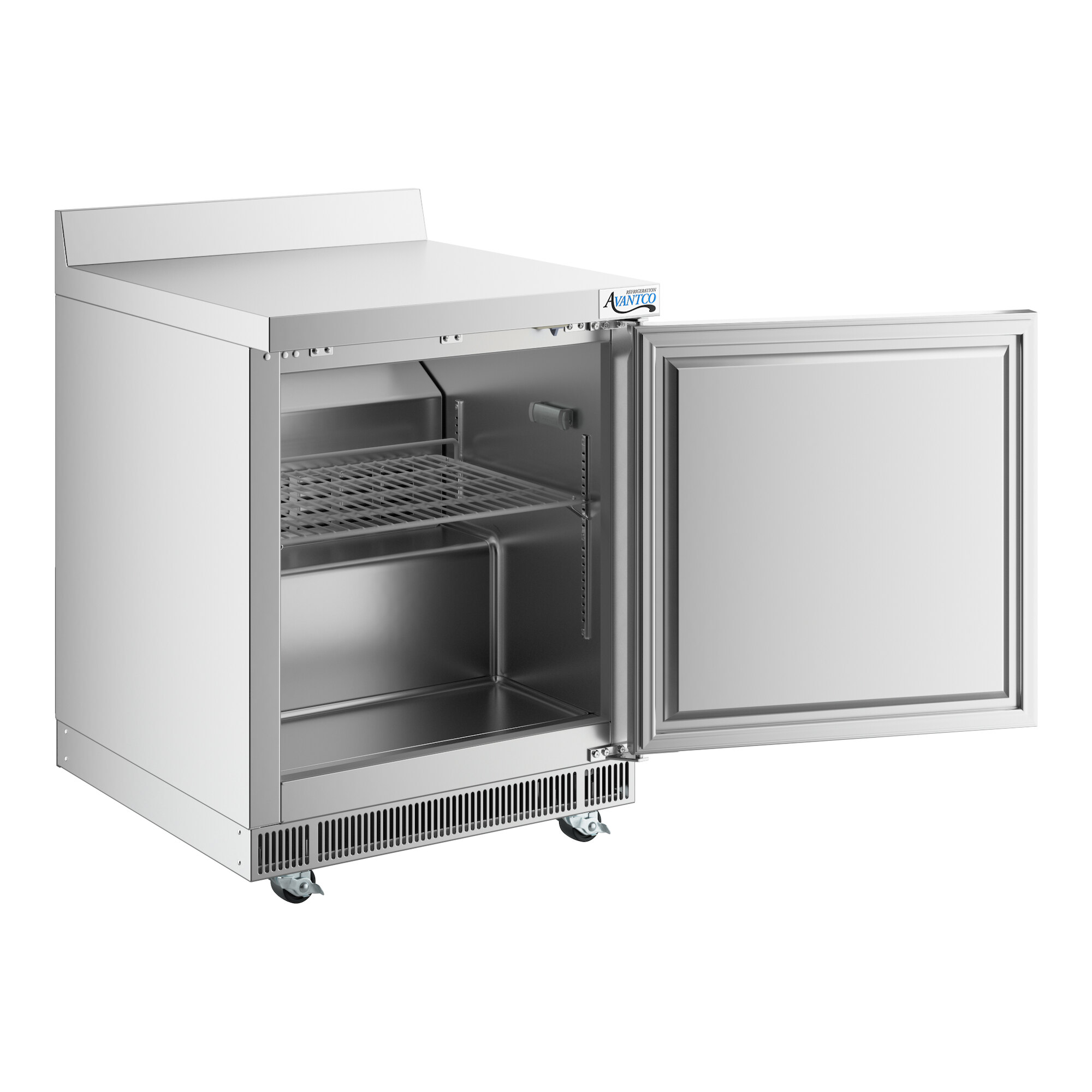 A stainless steel worktop freezer with a single open door, interior shelving, and a 3 1/2 inch backsplash.
