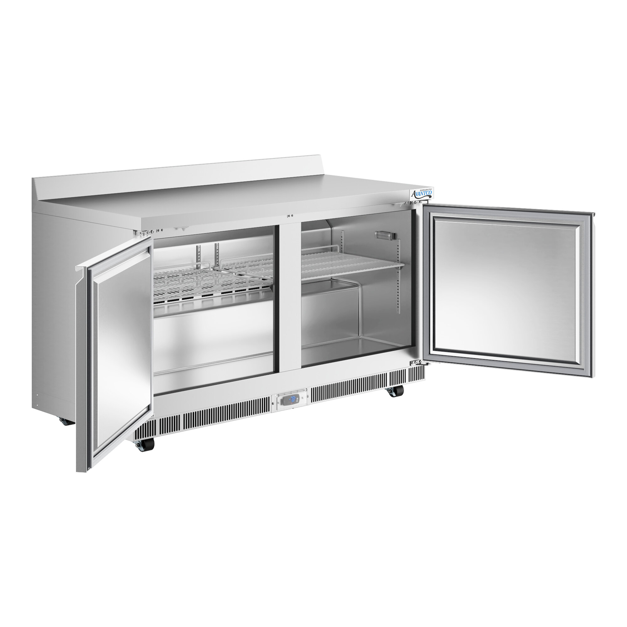A stainless steel worktop freezer with two open doors, interior shelving, and a 3 1/2 inch backsplash.