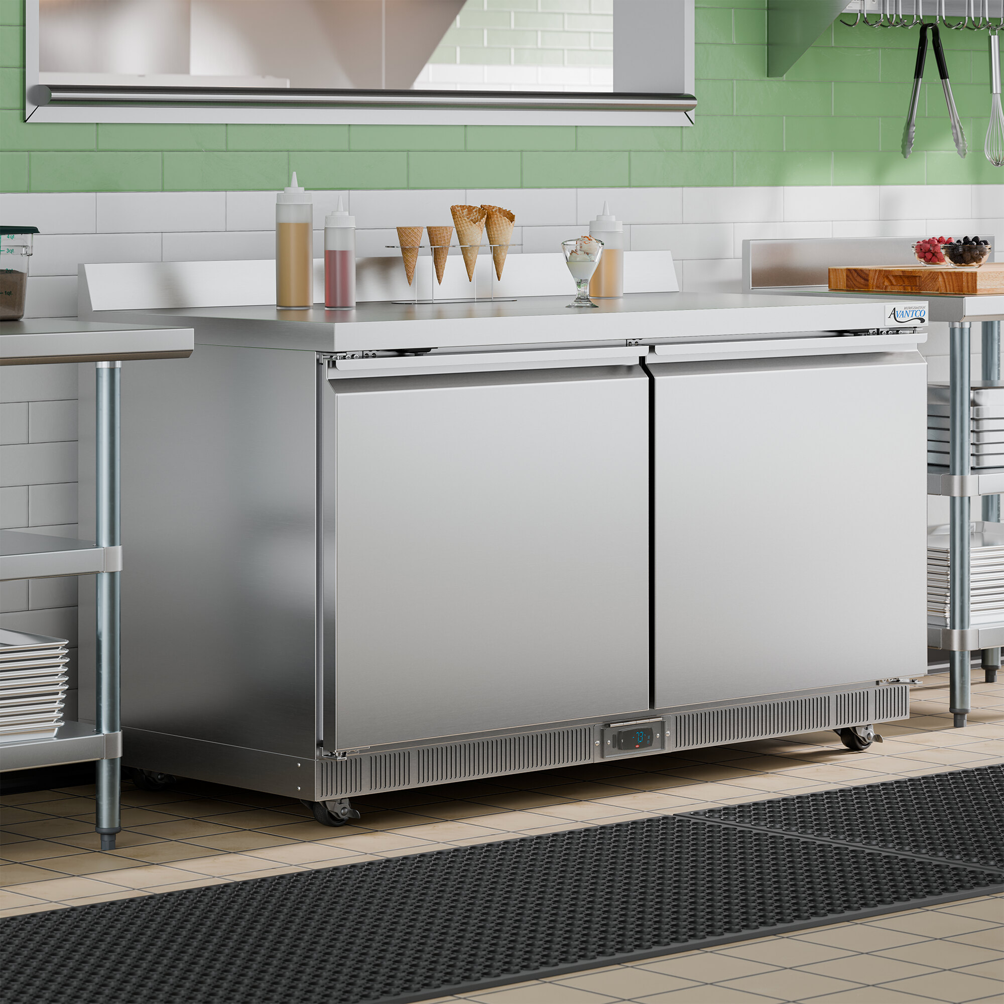 A stainless steel 60-inch worktop freezer with two doors, a 3 1/2-inch backsplash, and WiFi capability.
