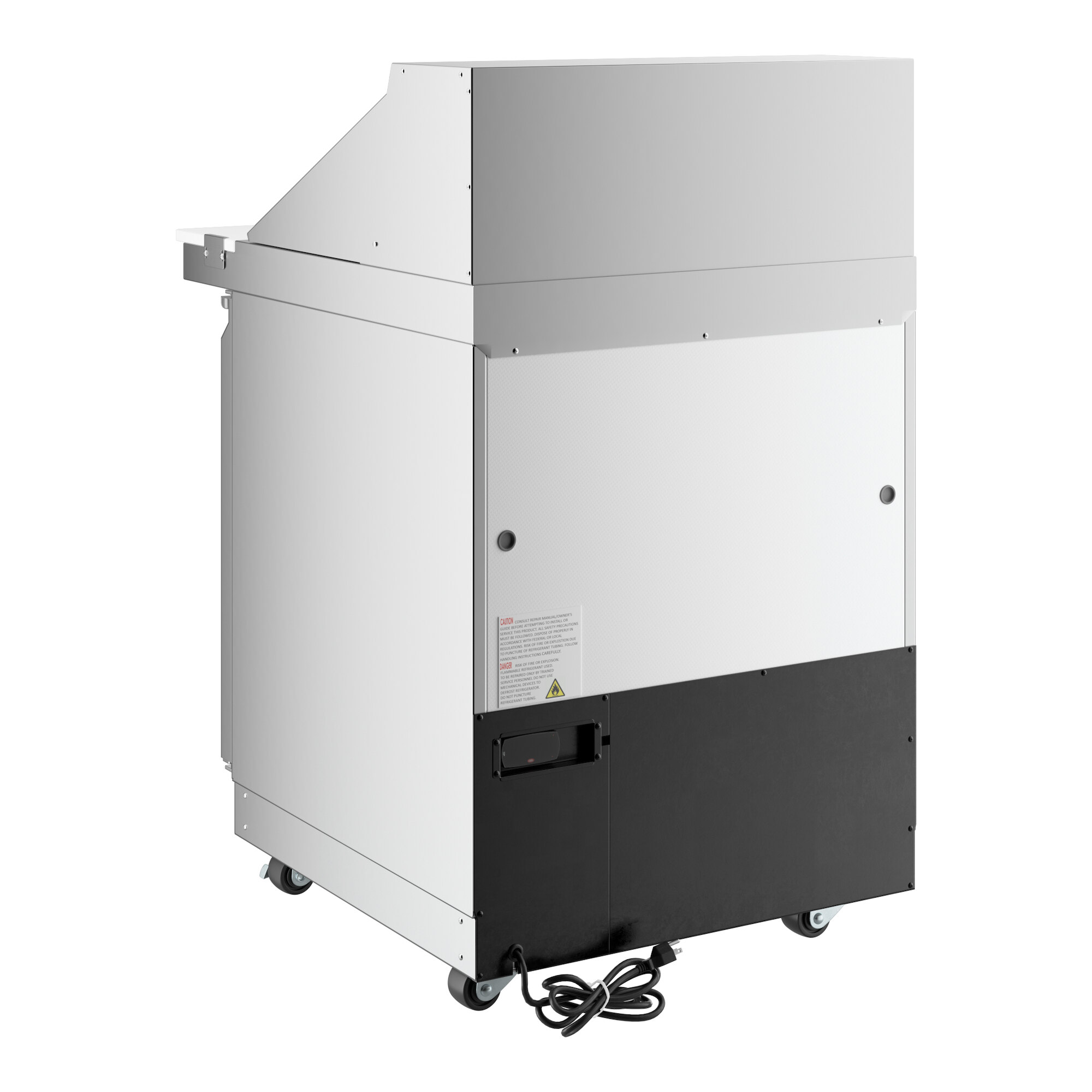 A stainless steel, WiFi-enabled refrigerated sandwich prep table with a single door and front-breathing design on casters.