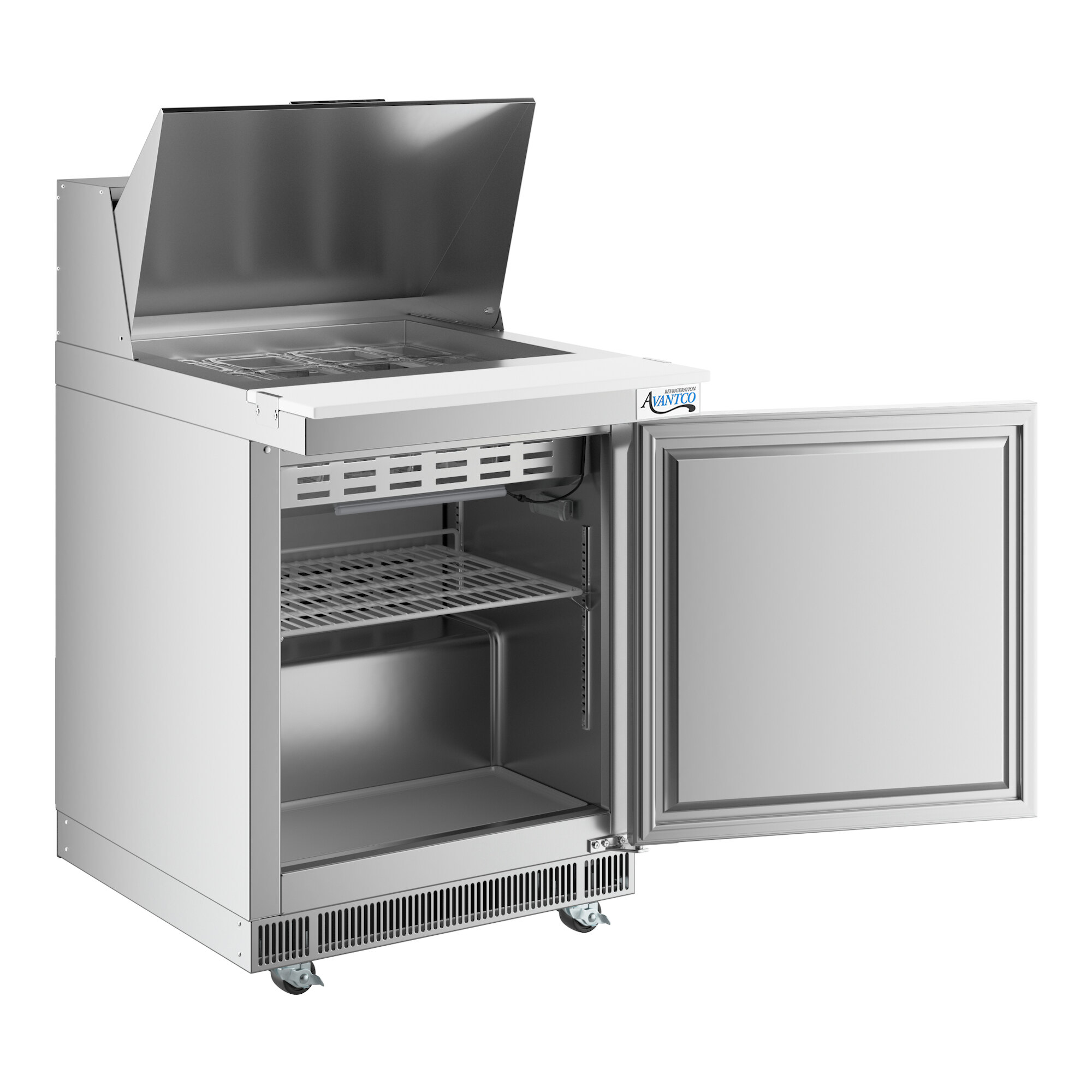 A stainless steel, single-door refrigerated sandwich prep table with a top compartment for ingredients and an open lower storage area.