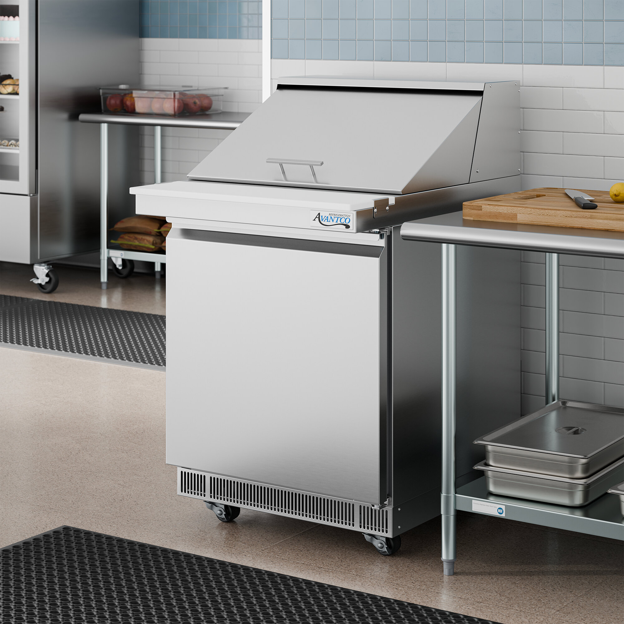 A stainless steel, single-door, front-breathing refrigerated sandwich prep table with a raised mega top and WiFi-enabled controls.