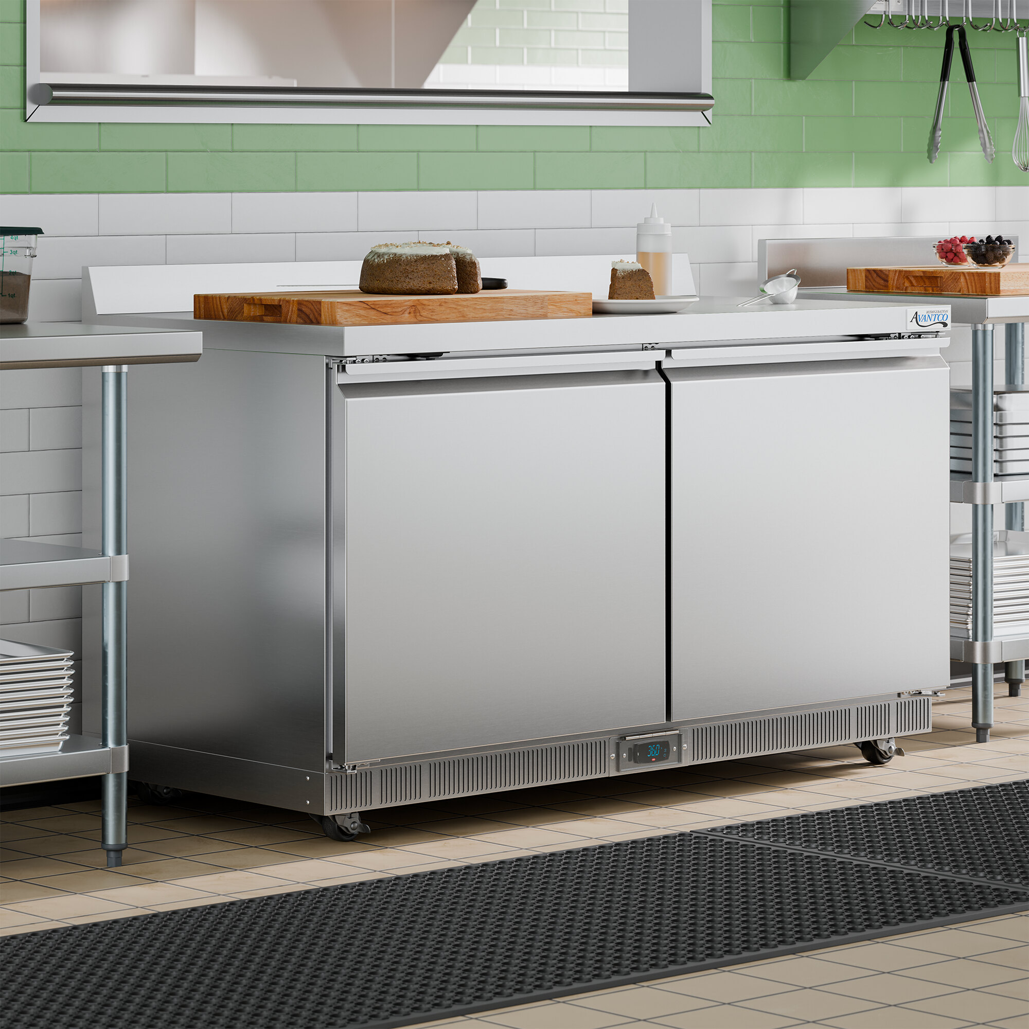 A stainless steel 60-inch worktop refrigerator with two doors, a 3 1/2-inch backsplash, and WiFi capability, designed for commercial kitchens.