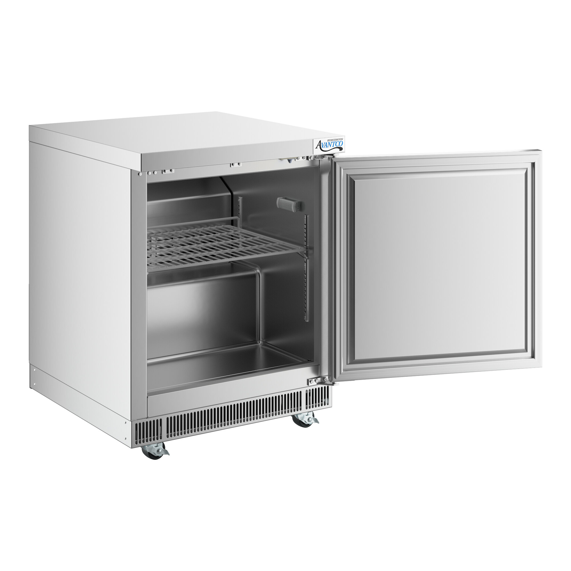 A stainless steel undercounter refrigerator with a single open door and an interior wire shelf.