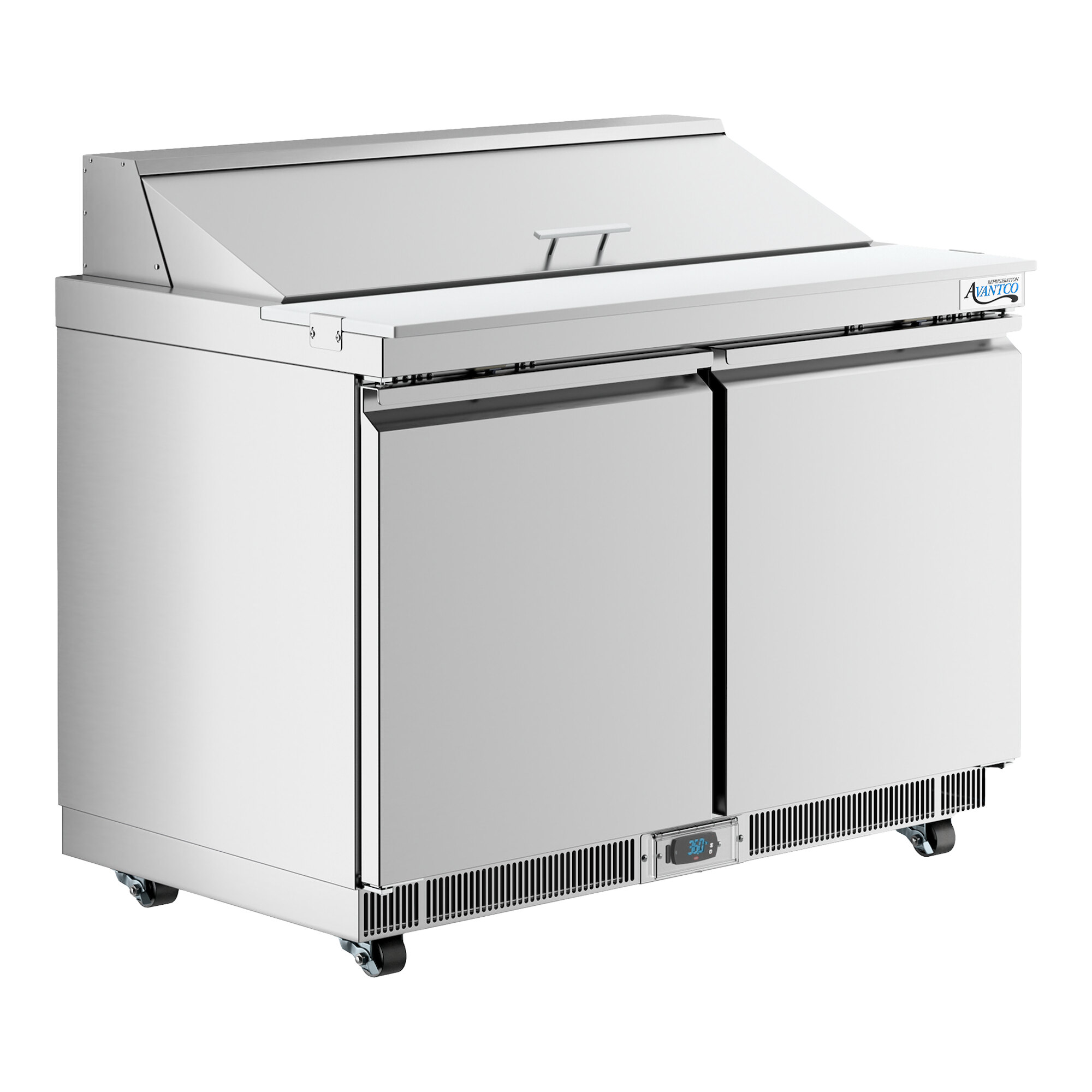 A stainless steel two-door refrigerated sandwich prep table with a cutting top and front breathing design.