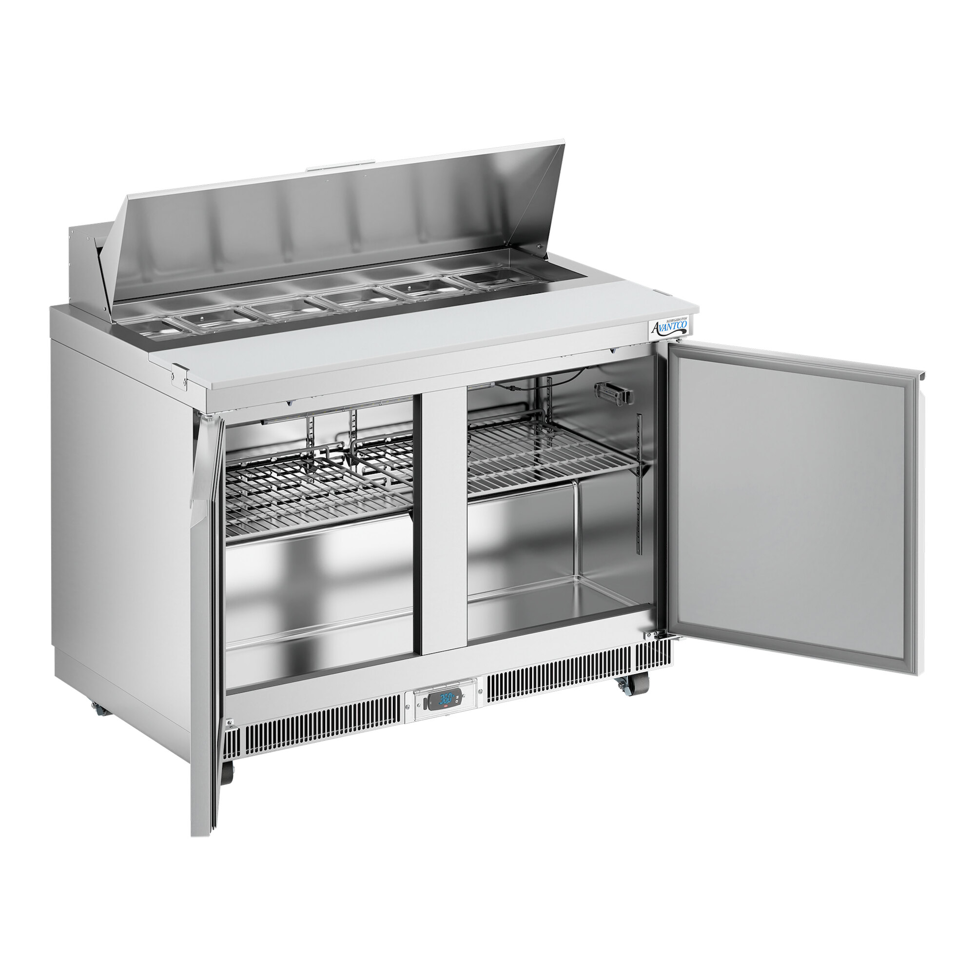 A stainless steel two-door refrigerated sandwich prep table with a cutting top and multiple food pans.