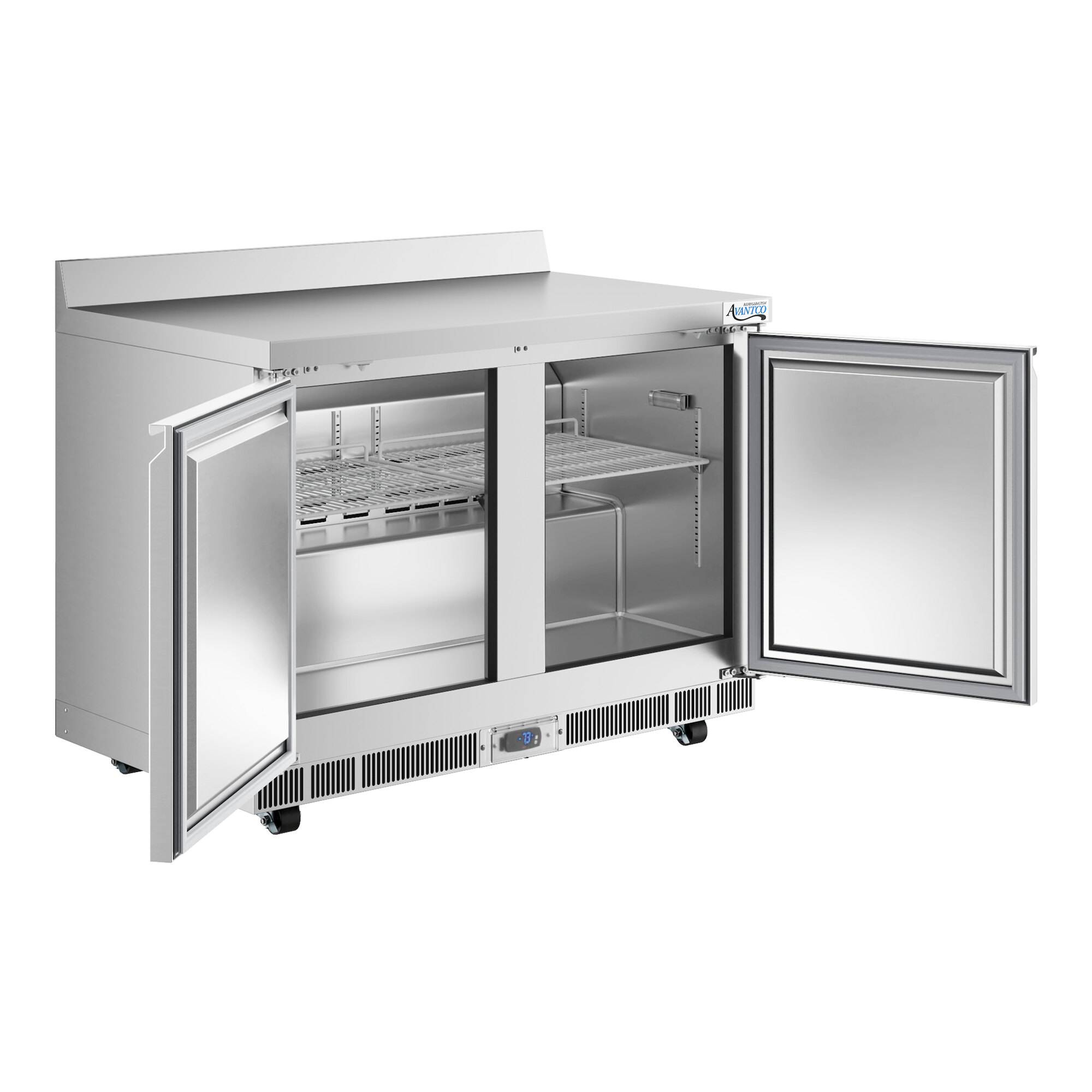 A stainless steel worktop freezer with two open doors, wire shelves, and a 3 1/2 inch backsplash.