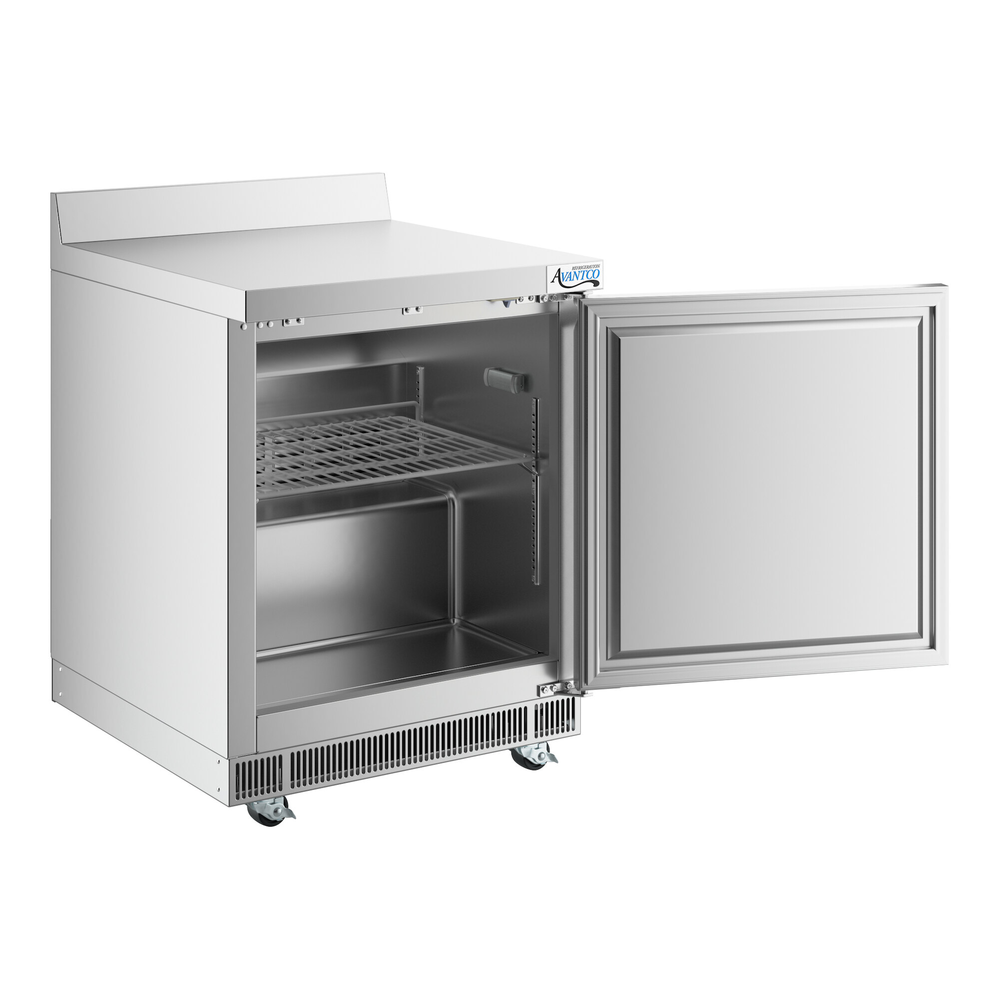 A stainless steel worktop refrigerator with a single open door, interior shelving, and a 3 1/2 inch backsplash.