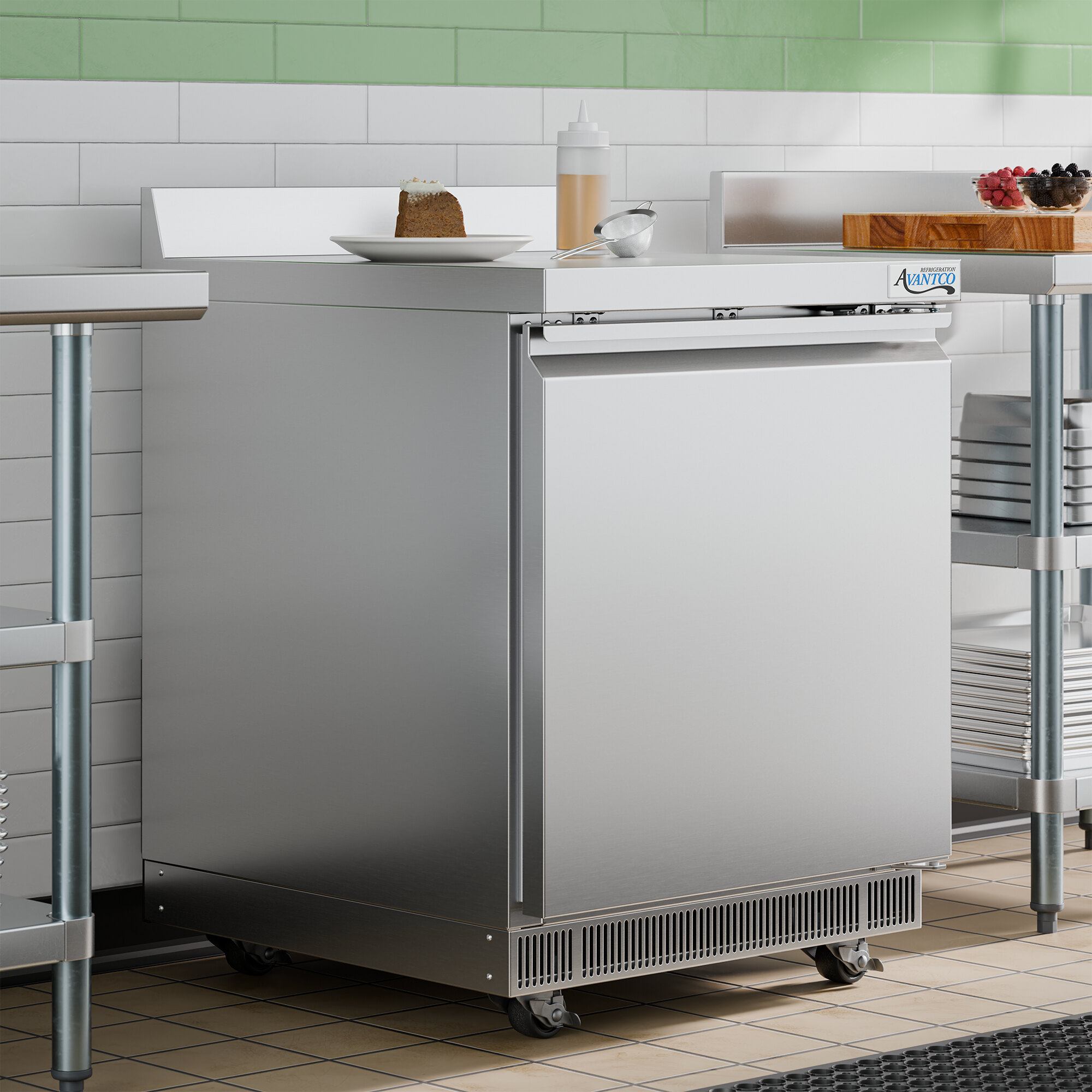 A stainless steel 27-inch front breathing worktop refrigerator with a 3 1/2-inch backsplash.