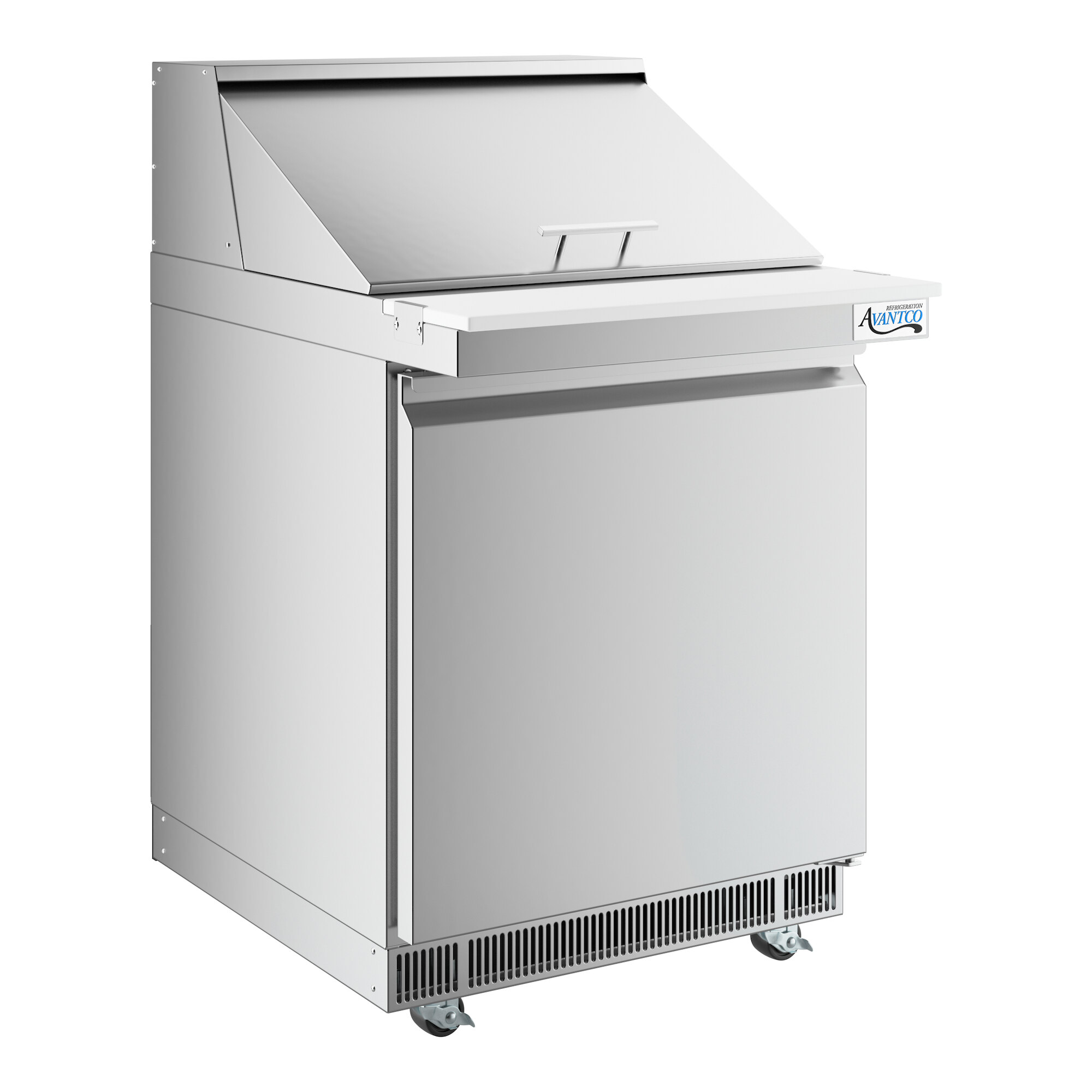 A stainless steel, single-door refrigerated sandwich prep table with a front-breathing design and a mega top compartment.