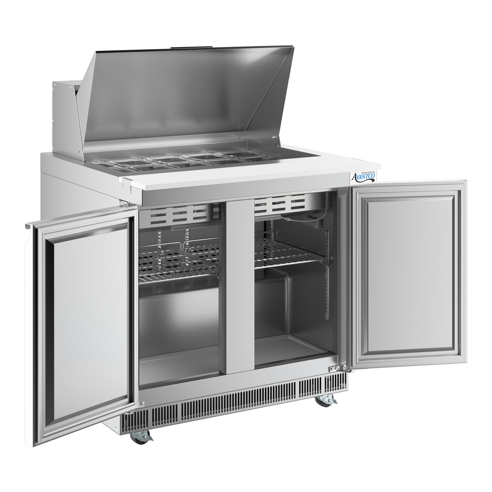 A stainless steel two-door refrigerated sandwich prep table with a top compartment for ingredients and an open lower storage area.
