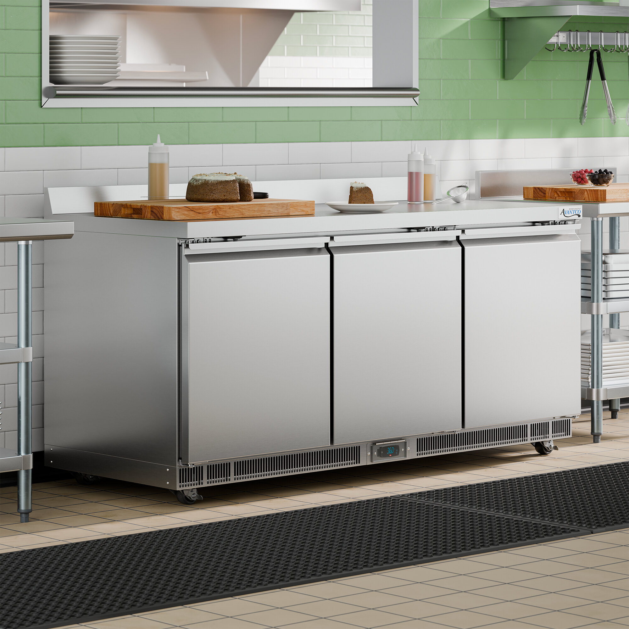 A stainless steel 72-inch worktop refrigerator with three doors and a 3 1/2-inch backsplash, designed for commercial kitchens.