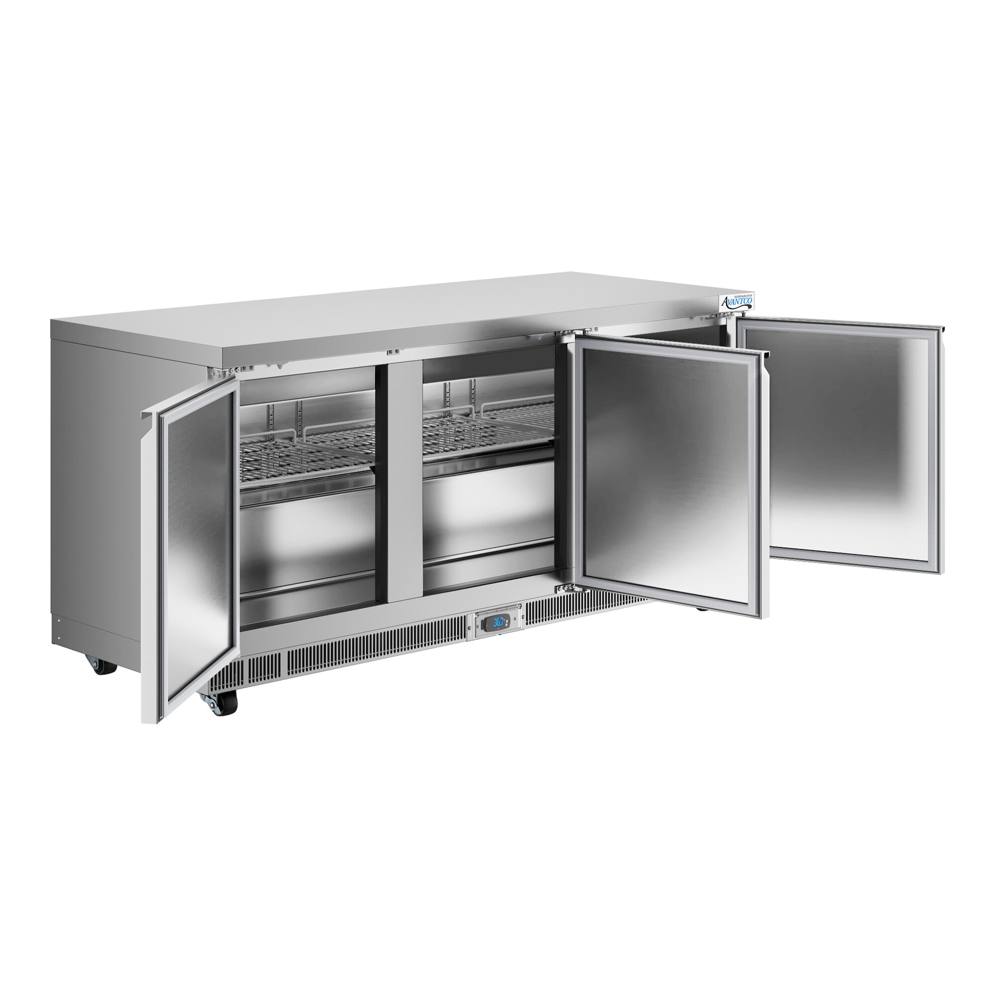 A large stainless steel undercounter refrigerator with three open doors and interior shelving.