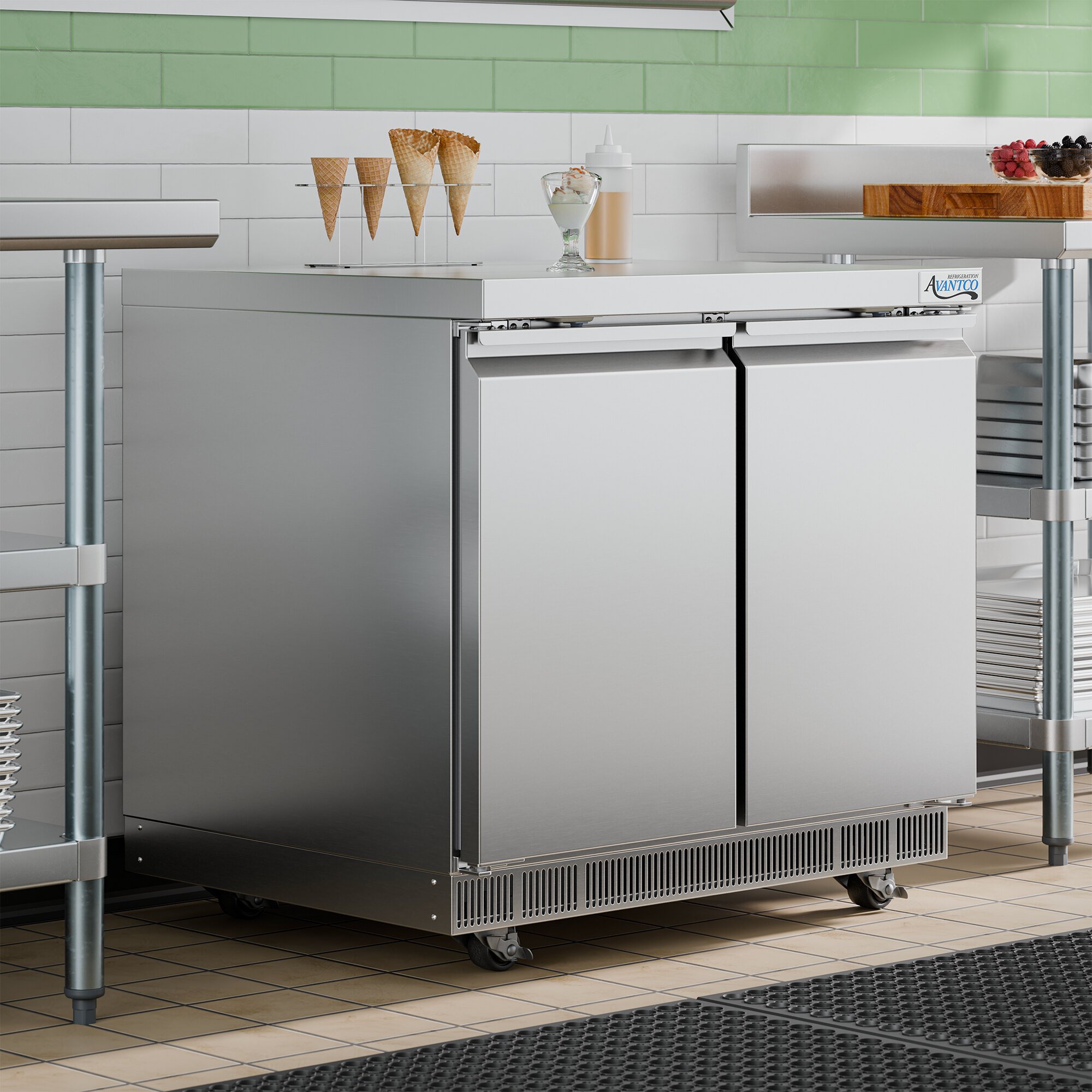 A stainless steel 36-inch front breathing undercounter freezer with two doors, designed for commercial kitchen use.
