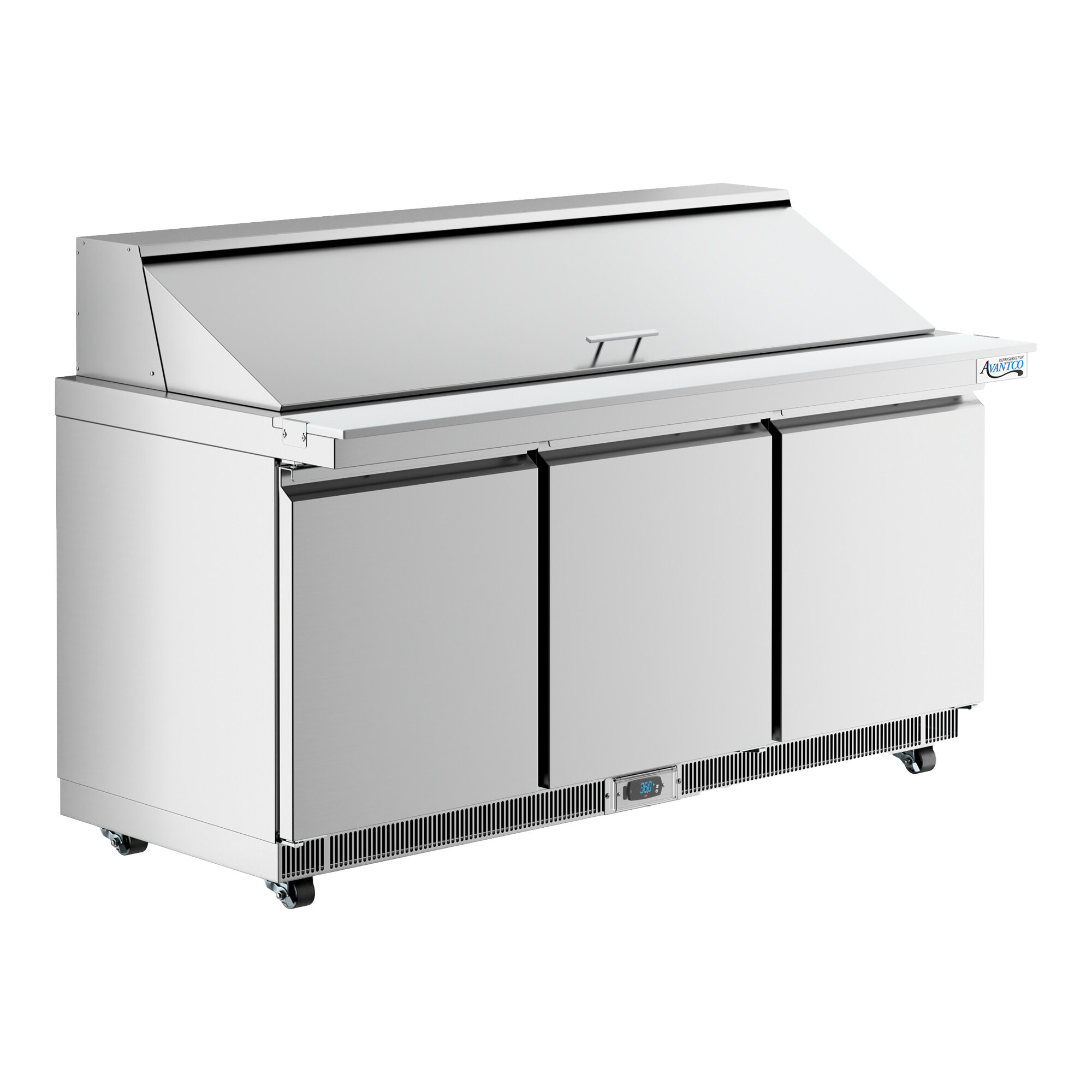 A large stainless steel, three-door refrigerated sandwich prep table with a raised top and front breathing design.