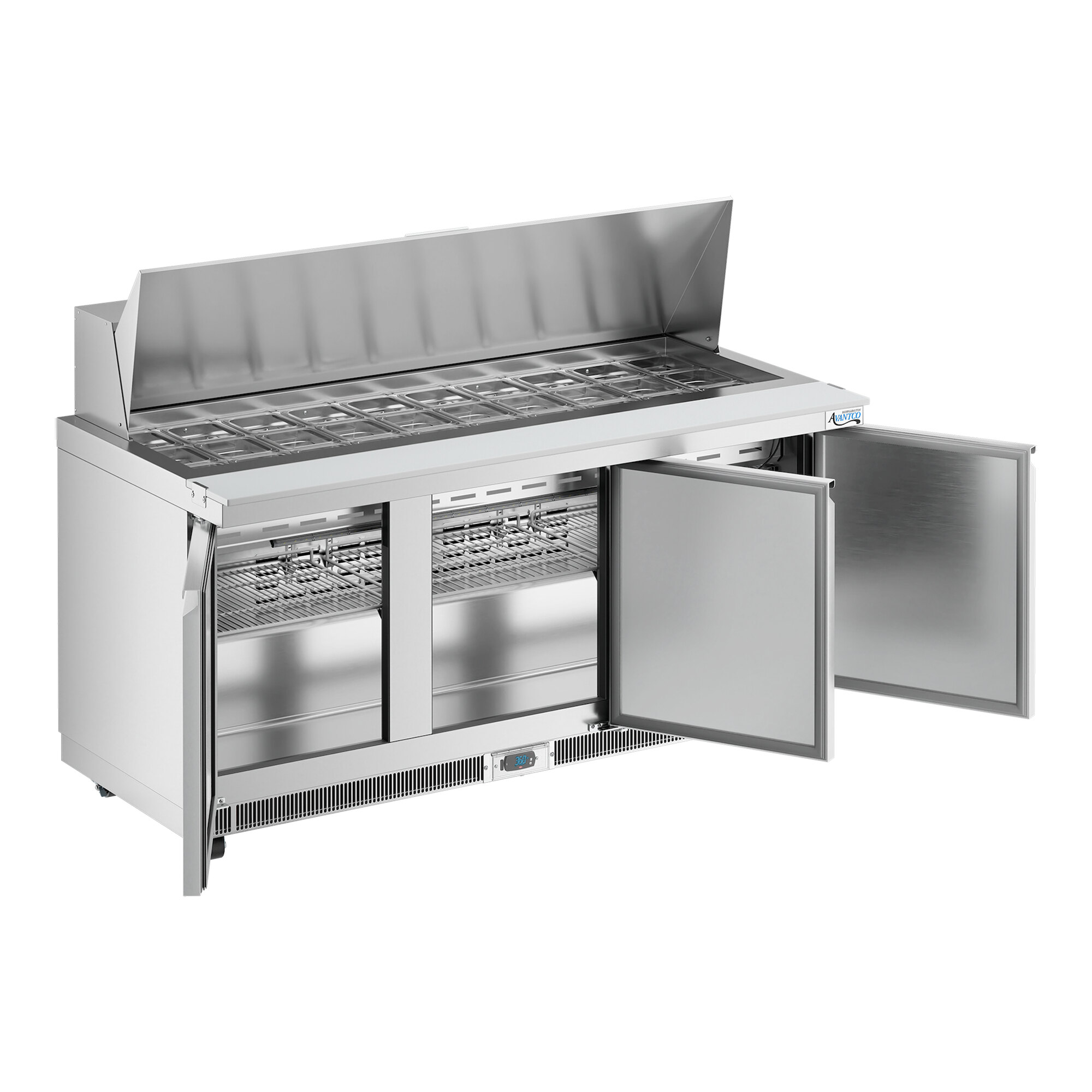 A stainless steel, three-door refrigerated sandwich prep table with a mega top and open storage compartments.