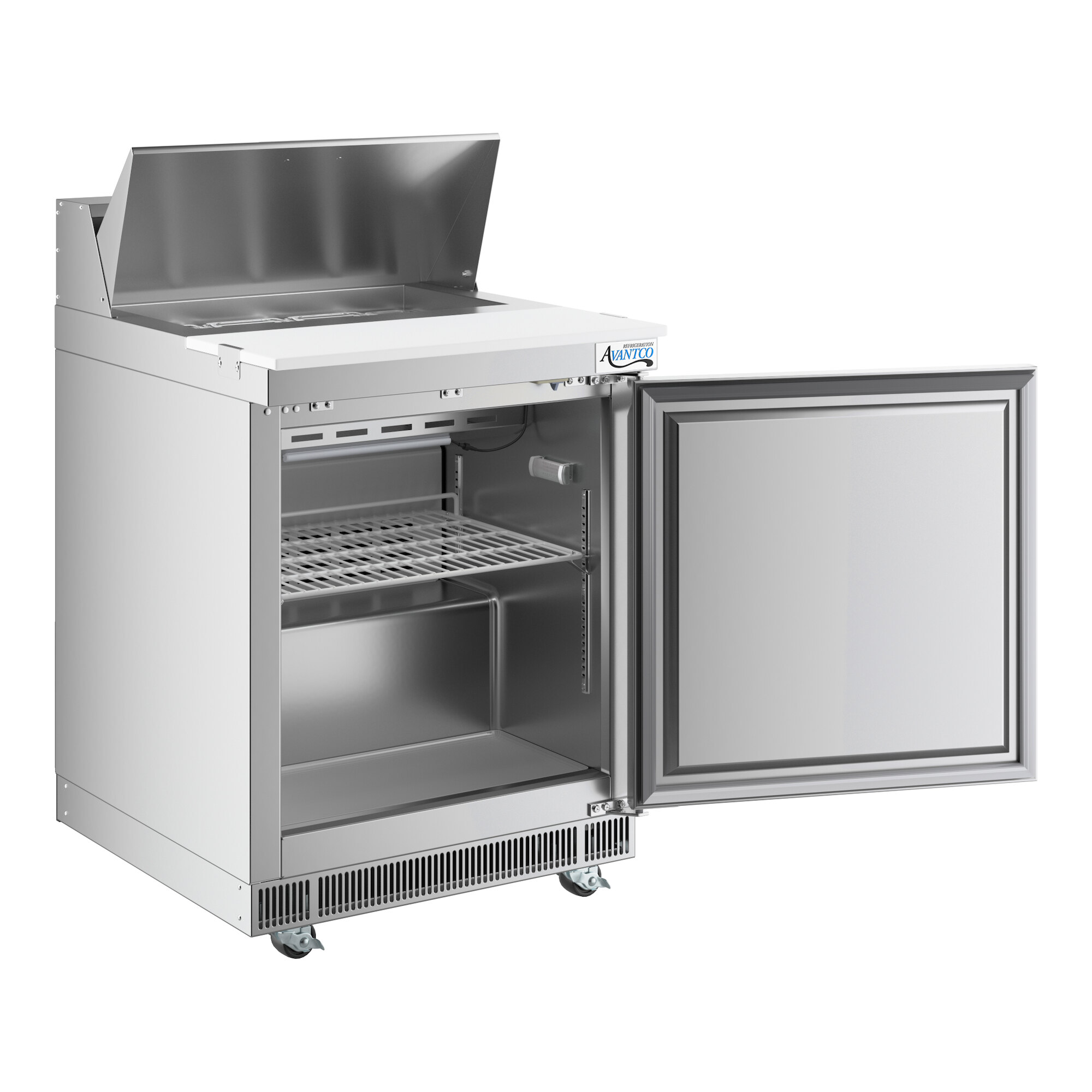 A stainless steel refrigerated sandwich prep table with a single door, open front, and cutting top.