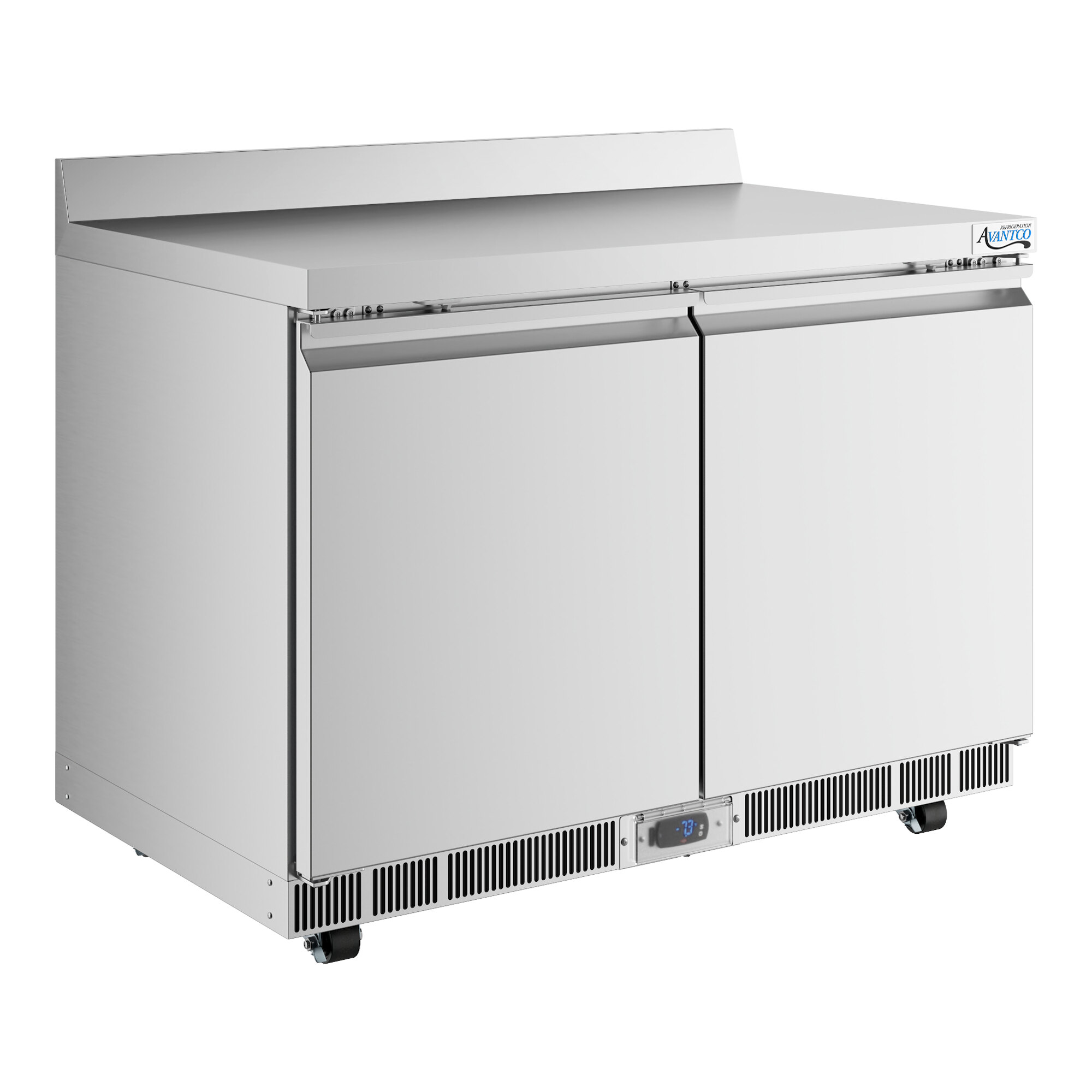 A stainless steel, two-door worktop freezer with a 3 1/2 inch backsplash and front ventilation.