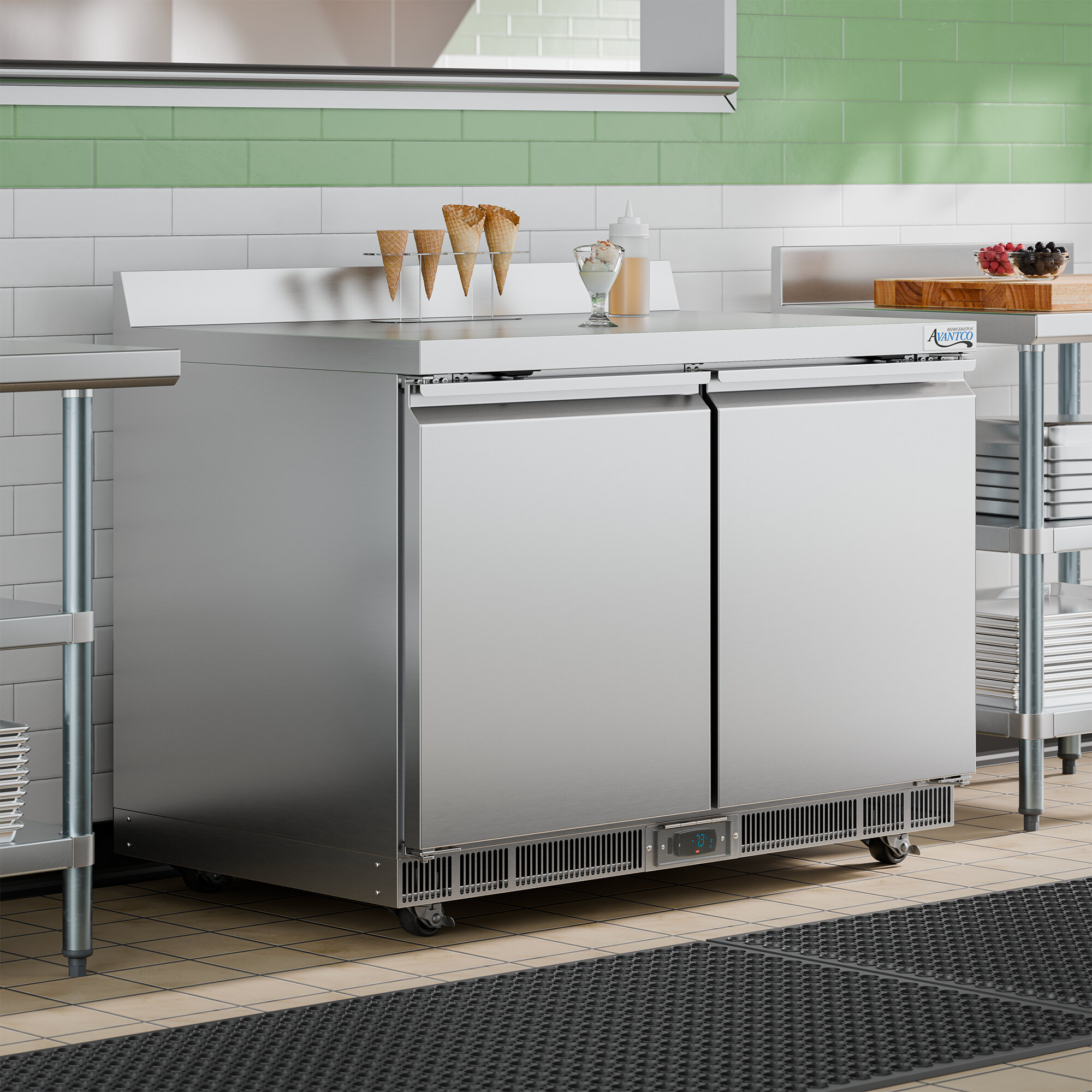 A stainless steel 48-inch worktop freezer with two doors and a 3 1/2-inch backsplash, designed for commercial kitchens.