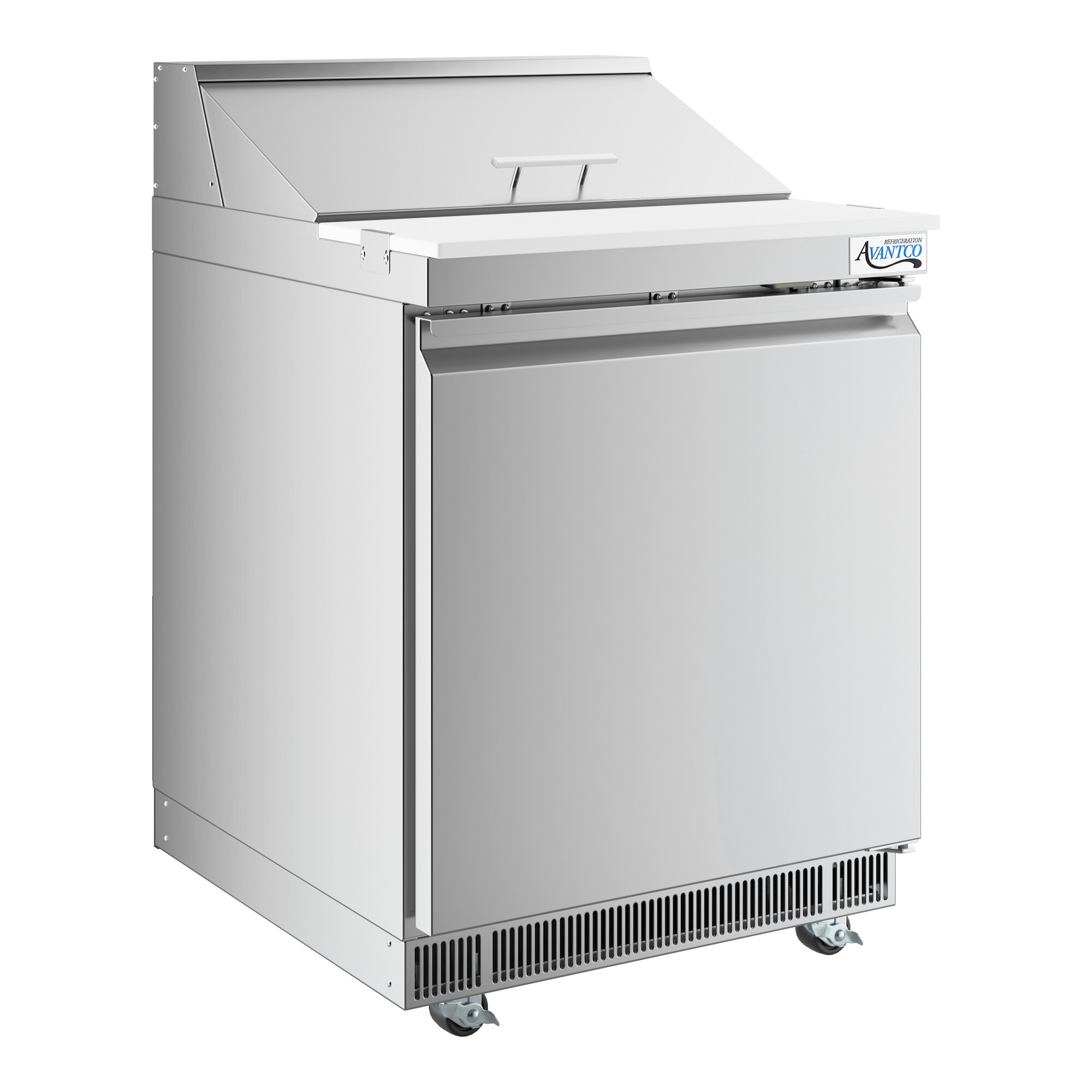 A stainless steel, single-door refrigerated sandwich prep table with a cutting top and WiFi-enabled controls.