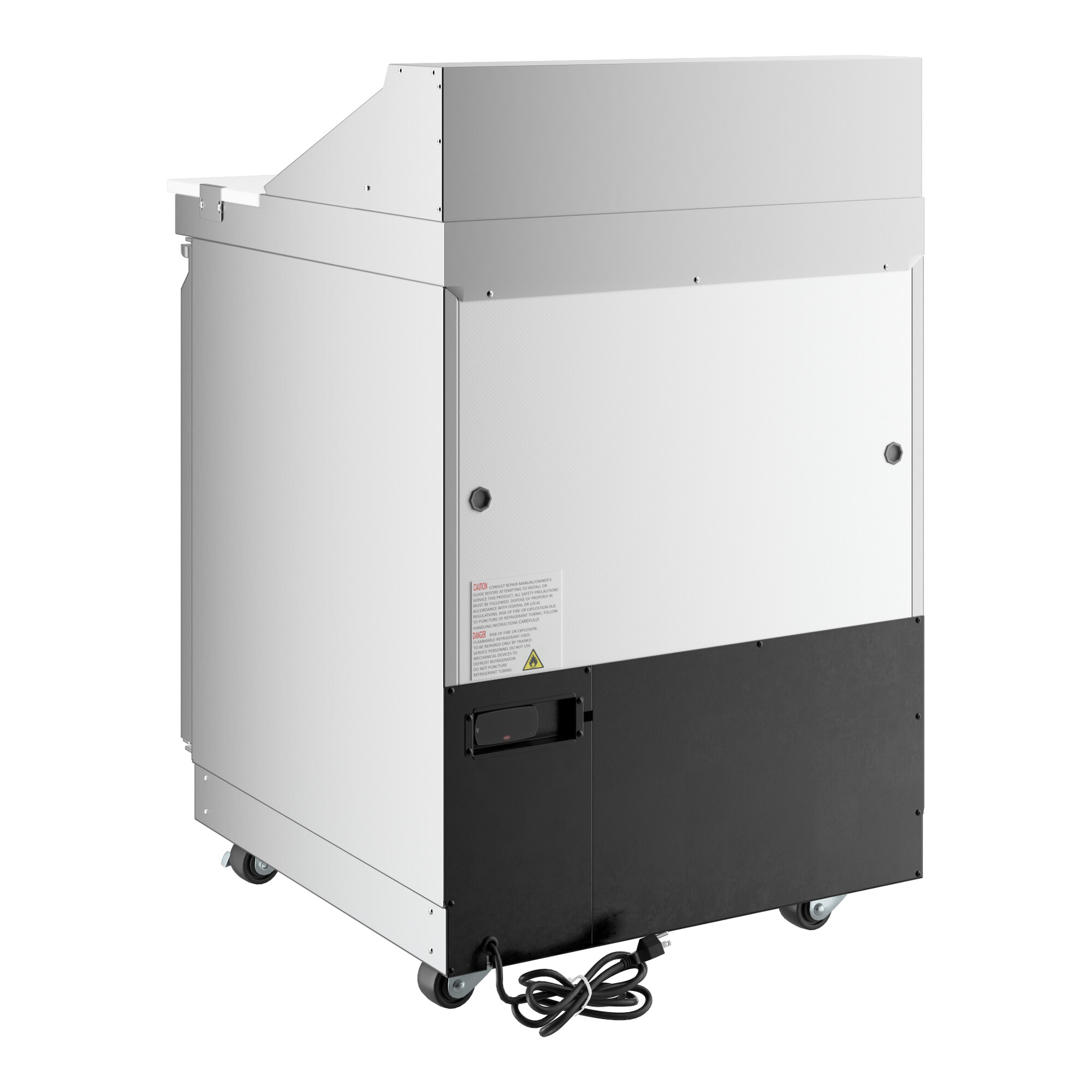 A commercial refrigerated sandwich prep table with a front-breathing design, cutting top, and caster wheels.