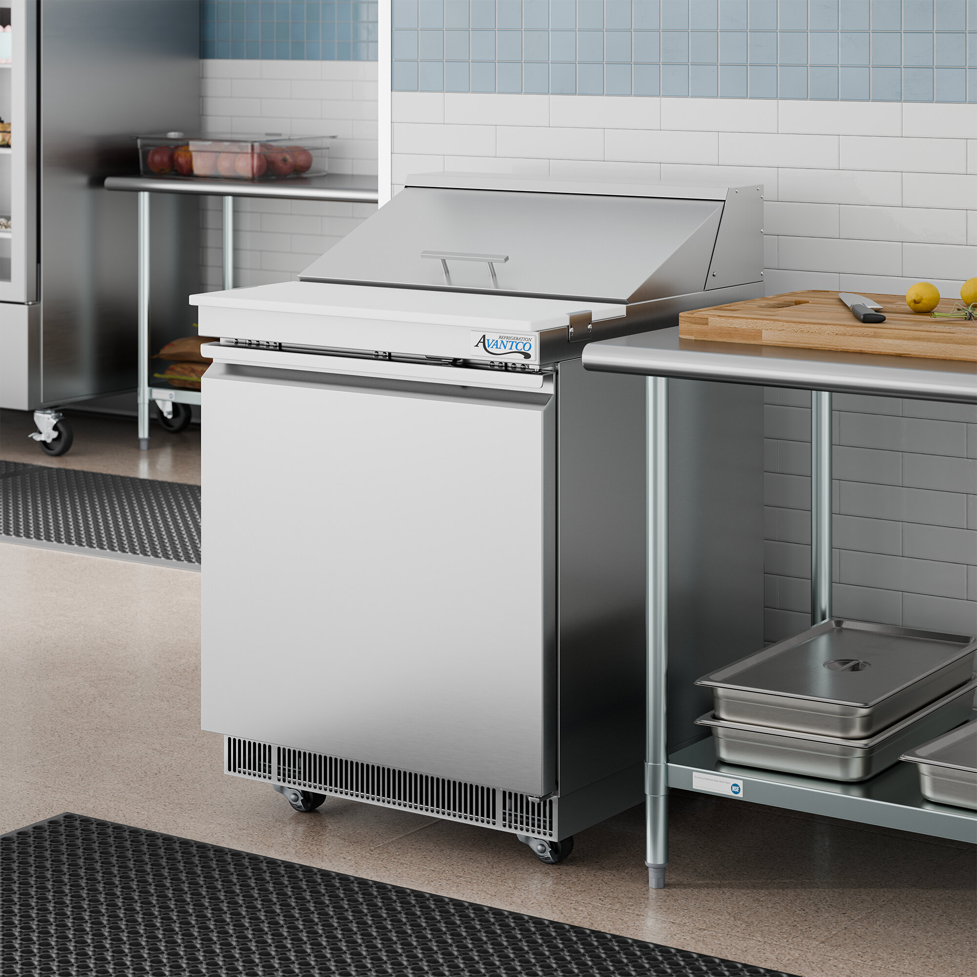 A stainless steel, single-door refrigerated sandwich prep table with a cutting top and WiFi-enabled controls.