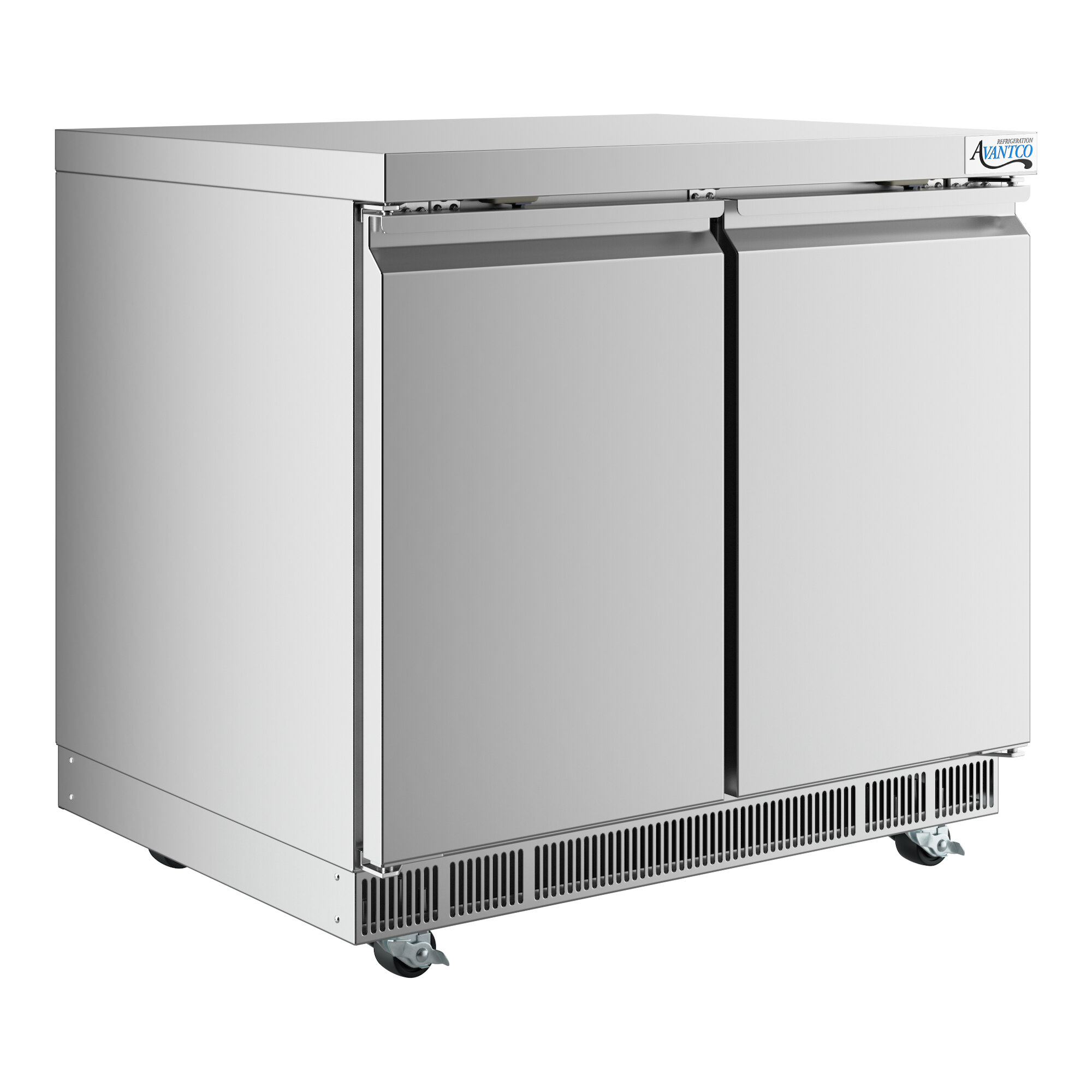 A stainless steel, two-door undercounter refrigerator with front ventilation and caster wheels.
