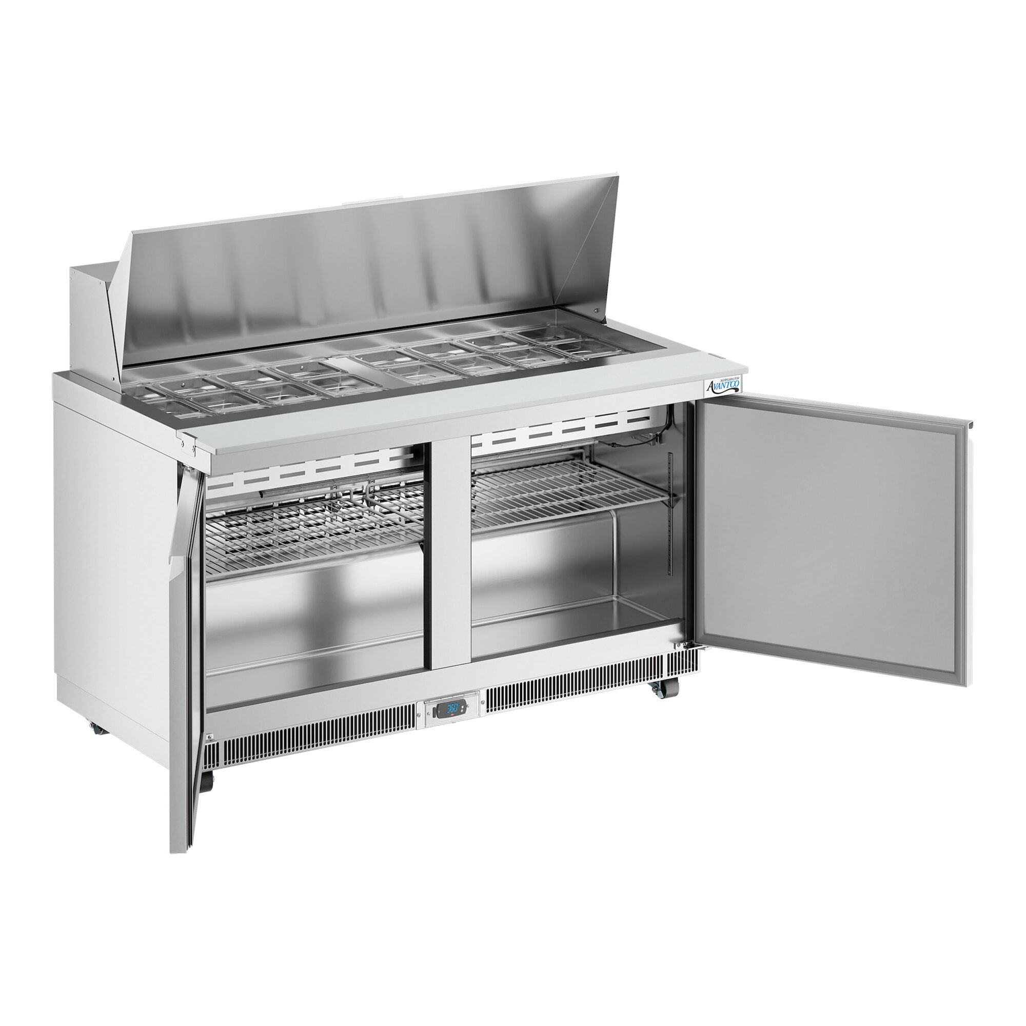 A stainless steel 60-inch two-door refrigerated sandwich prep table with a mega top and open storage compartments.