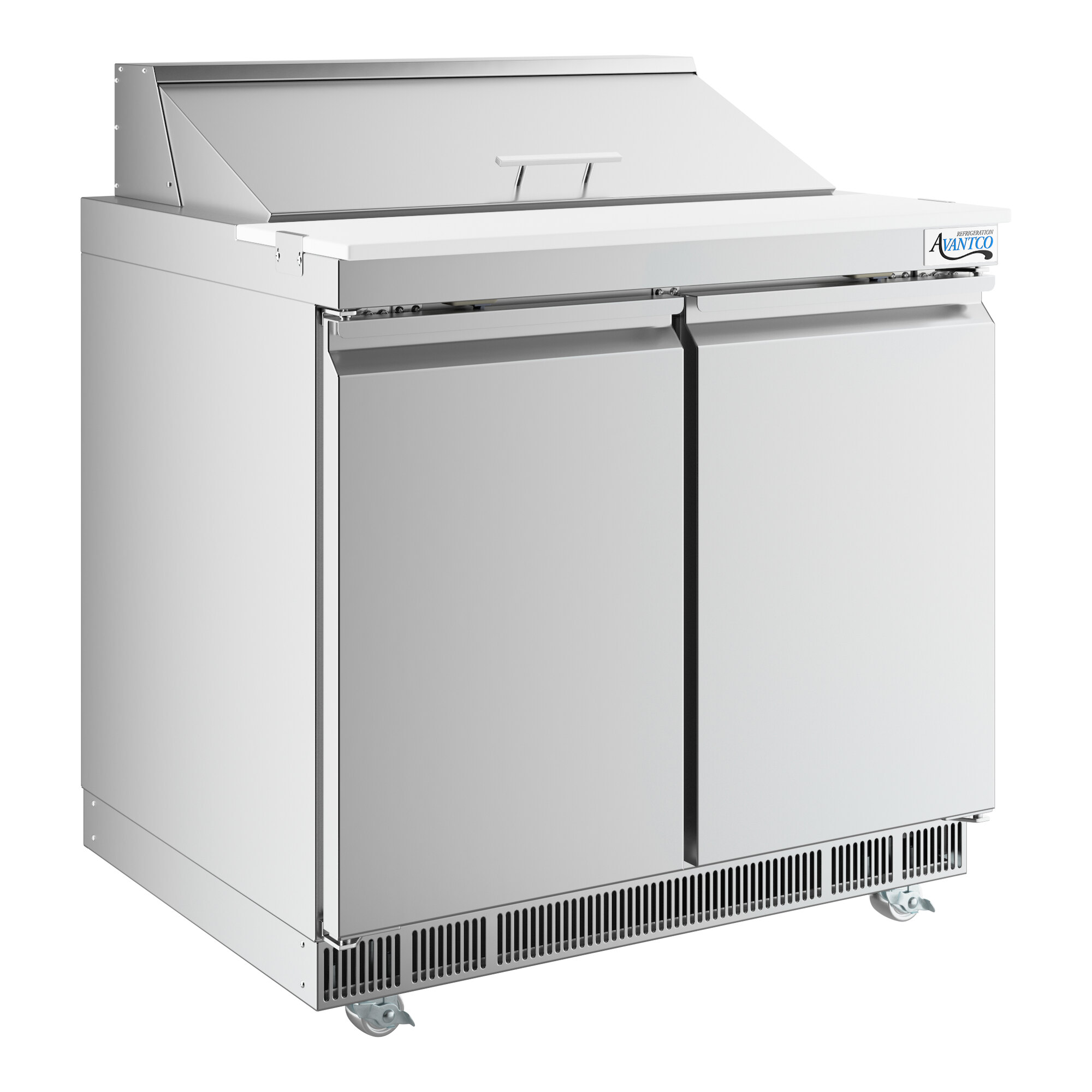 A stainless steel two-door refrigerated sandwich prep table with a cutting top and front breathing design.
