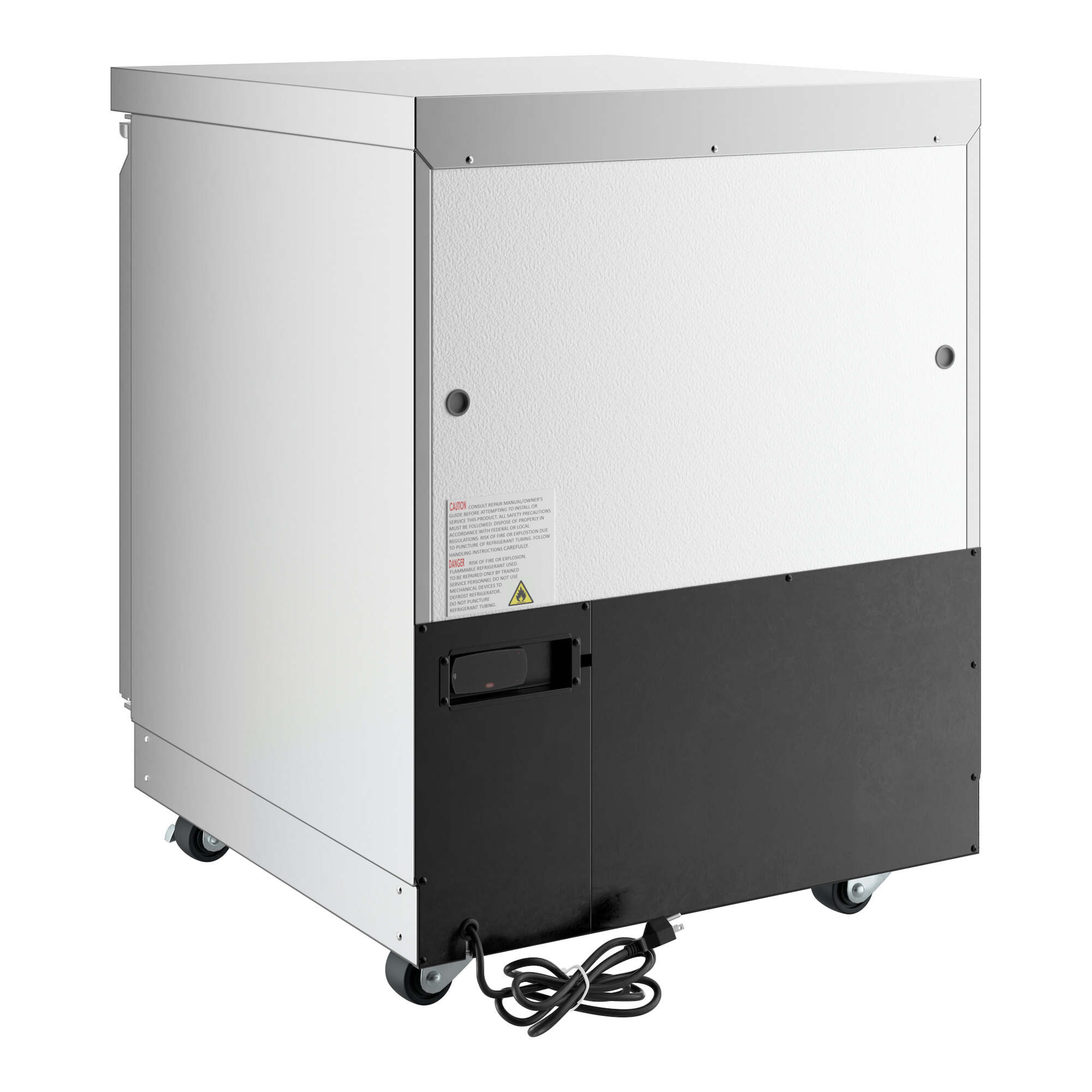 A compact, rectangular, WiFi-enabled undercounter freezer with a white and black exterior, mounted on caster wheels.