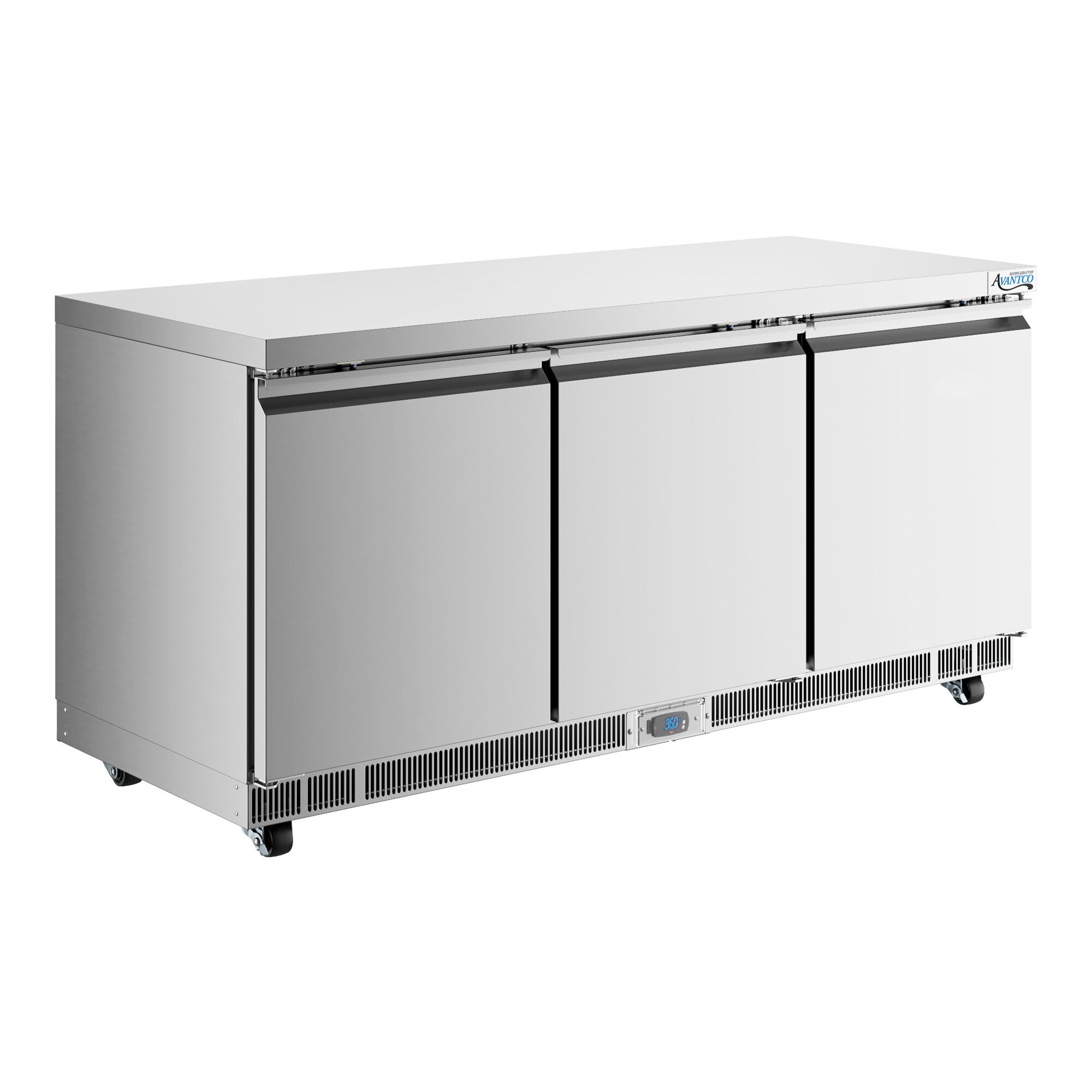 A large stainless steel undercounter refrigerator with three doors and a flat top surface.