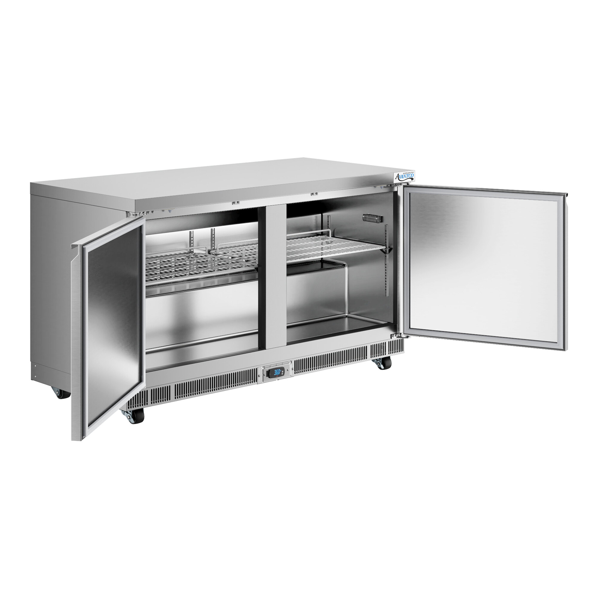 A stainless steel undercounter refrigerator with two open doors and interior shelving.