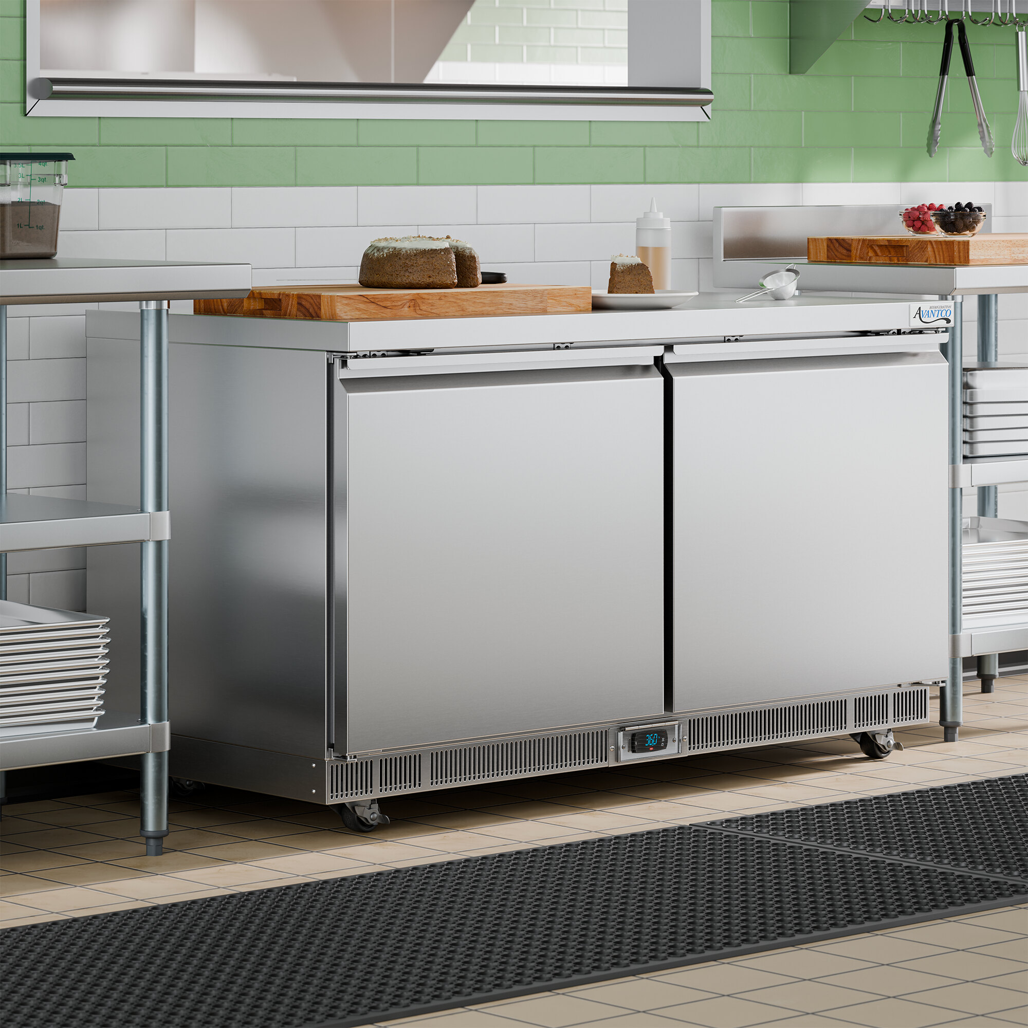 A stainless steel 60-inch front-breathing undercounter refrigerator with two doors, designed for commercial kitchen use.