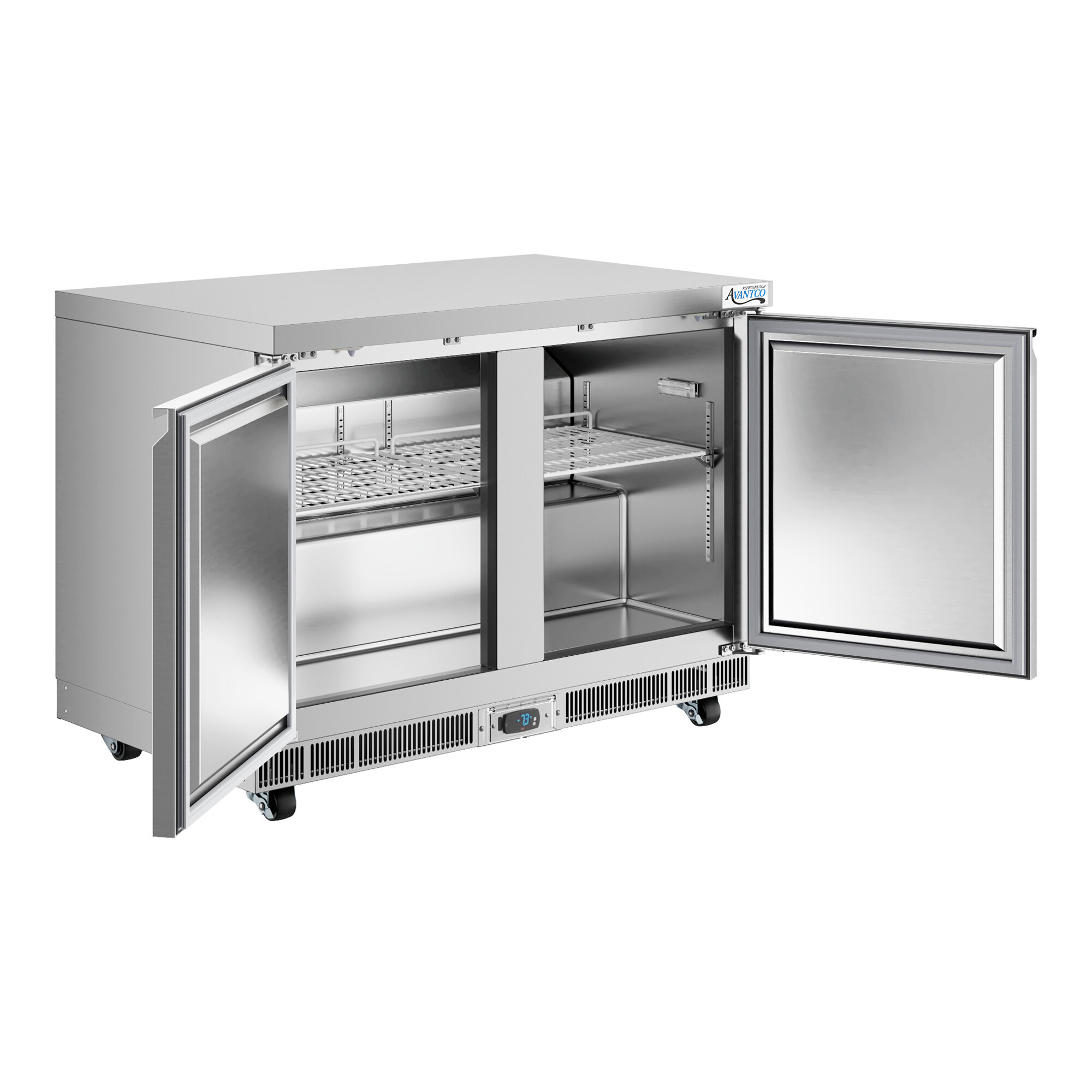 A stainless steel undercounter freezer with two open doors and interior shelving.