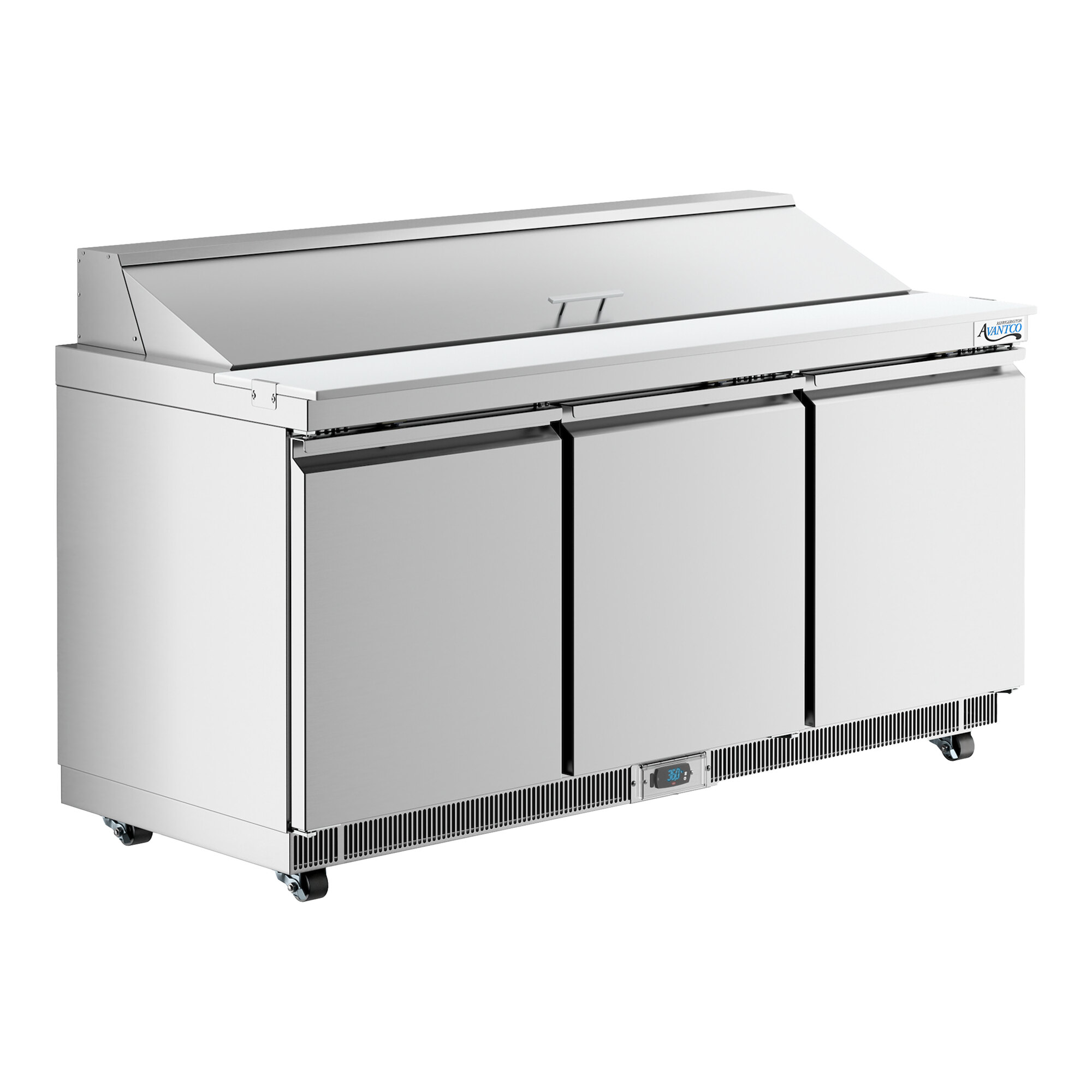 A large stainless steel three-door refrigerated sandwich prep table with a cutting top and front breathing design.