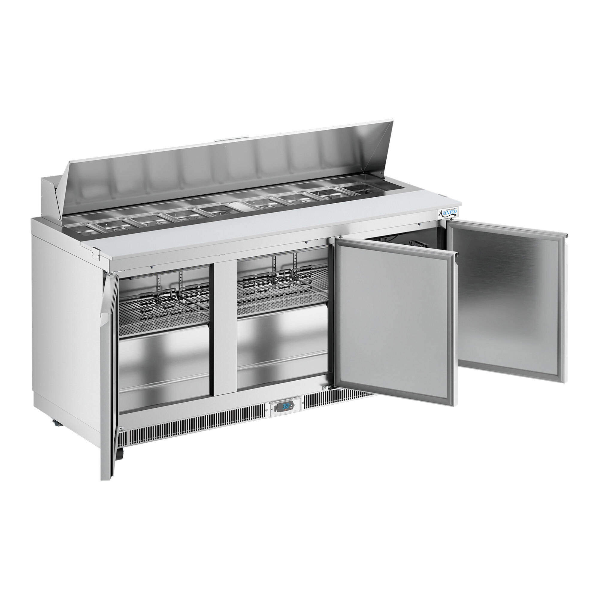 A stainless steel, three-door refrigerated sandwich prep table with a cutting top and multiple ingredient compartments.