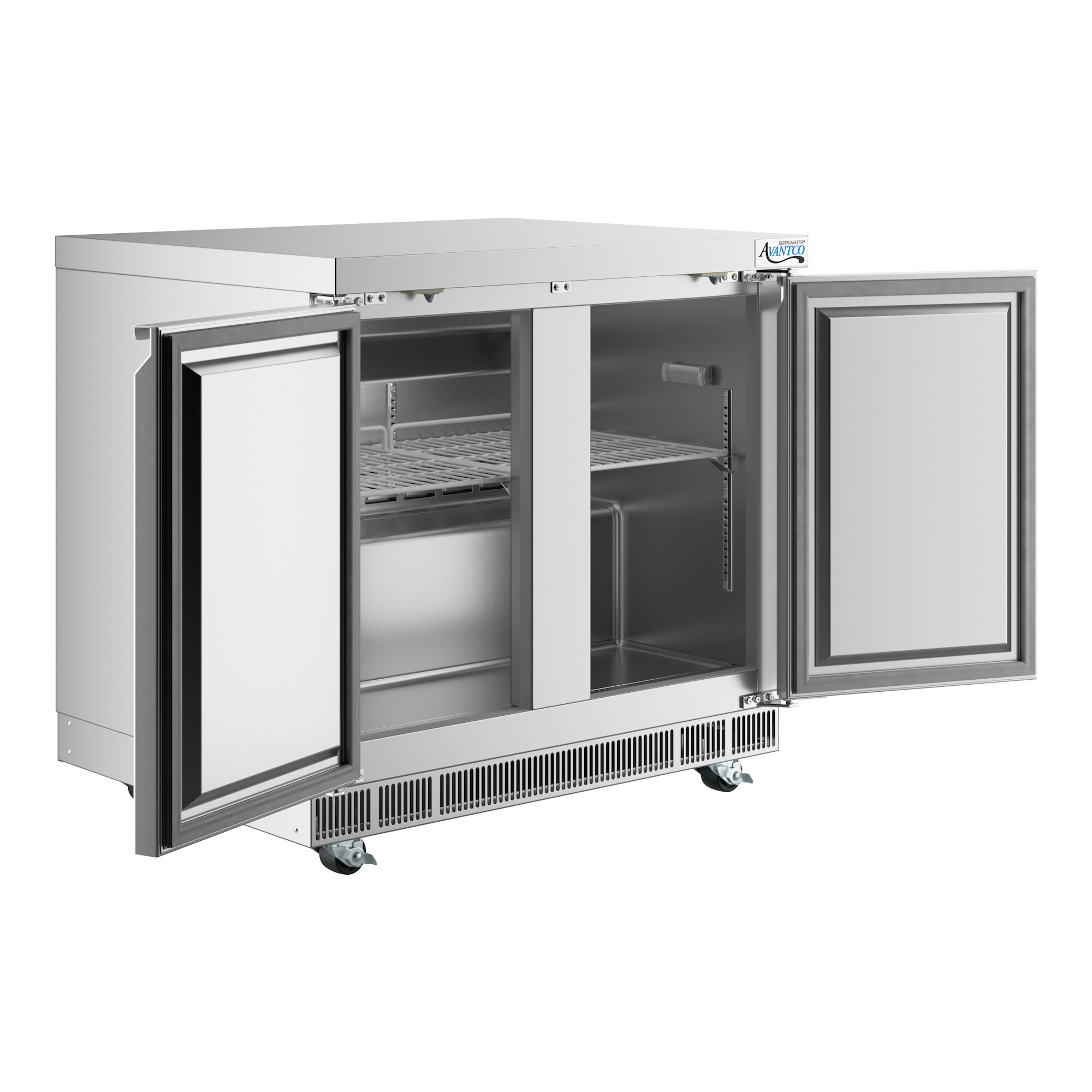 A stainless steel undercounter refrigerator with two open doors and interior shelving.