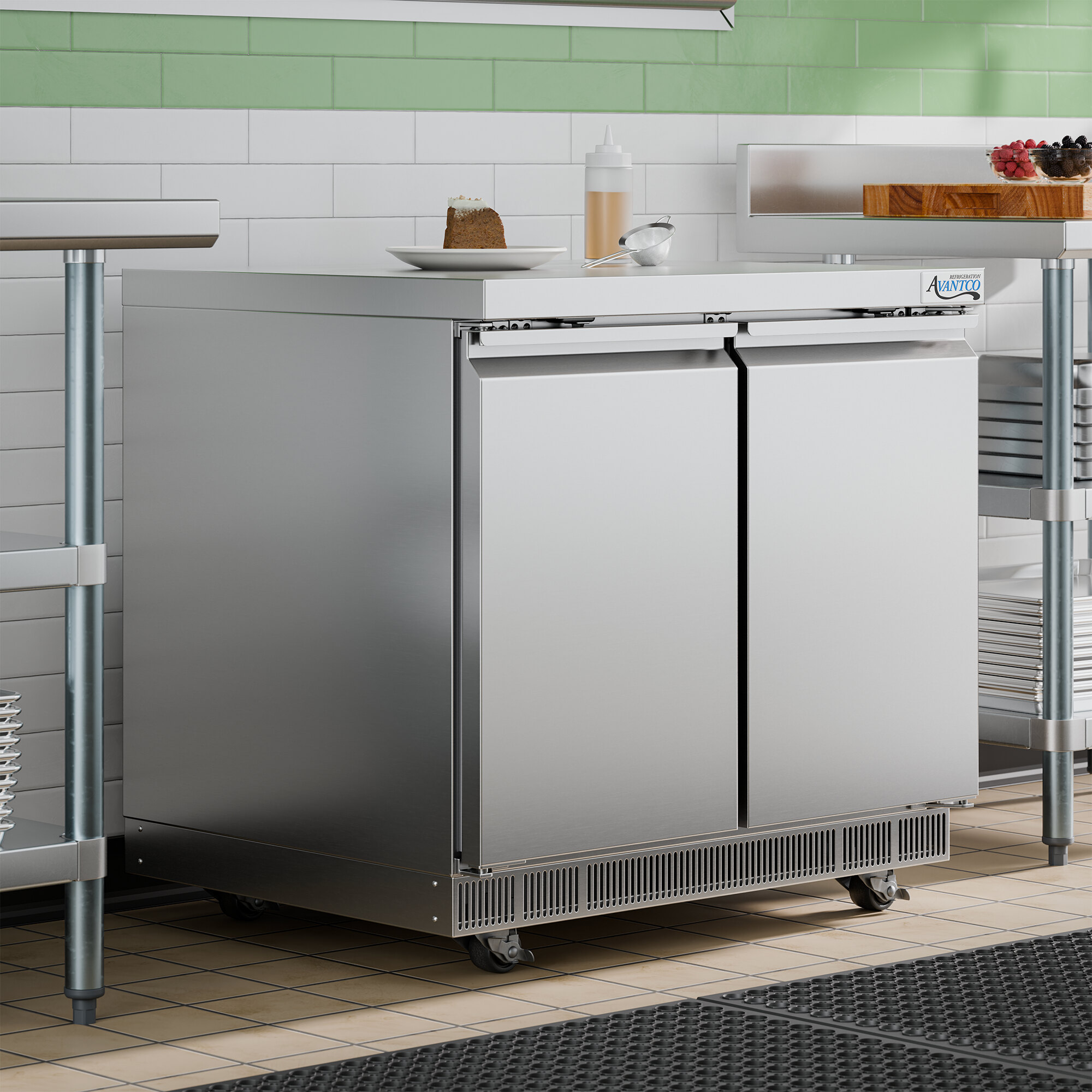 A stainless steel 36-inch front-breathing undercounter refrigerator with two doors, designed for commercial kitchen use.